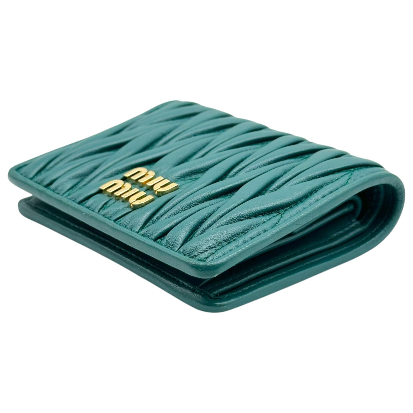 Miu Miu Bi-Fold Wallet Teal Green Matelasse Quilted Leather