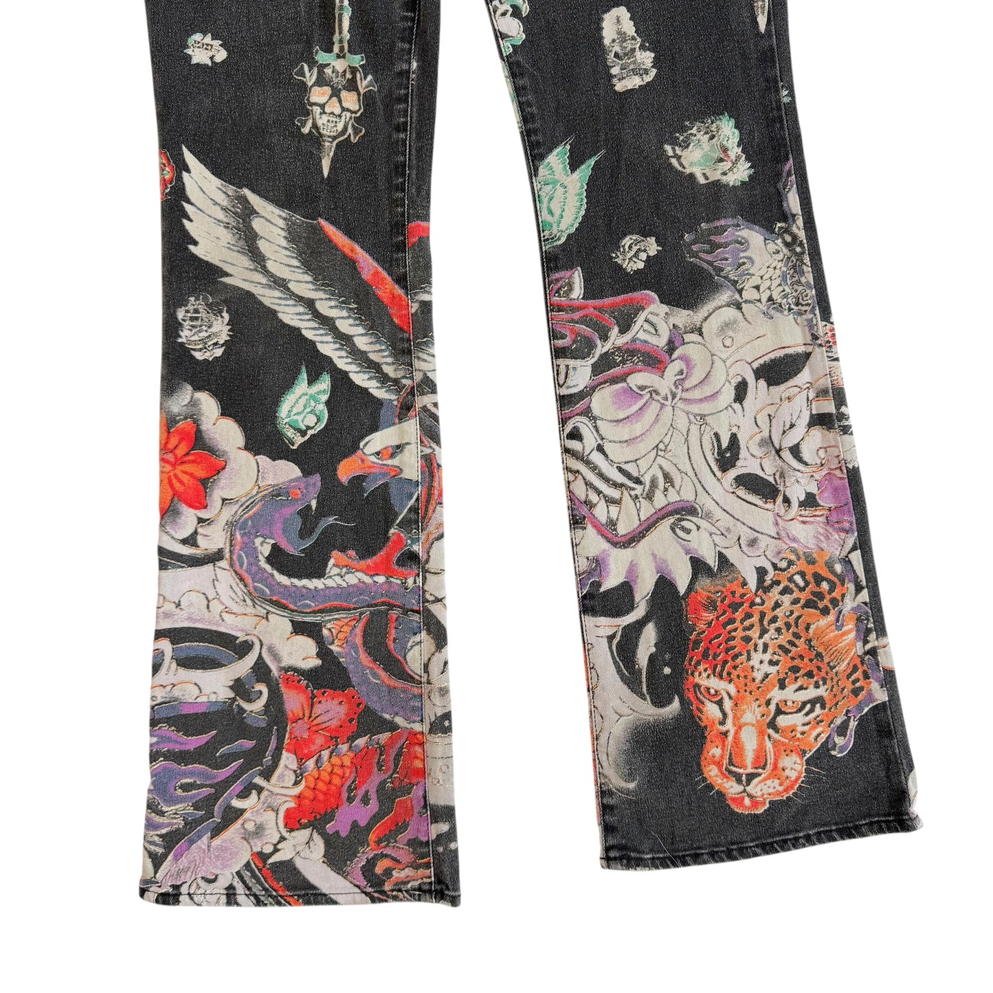 Roberto Cavalli Black Multicolor Tattoo Print Flare Jeans