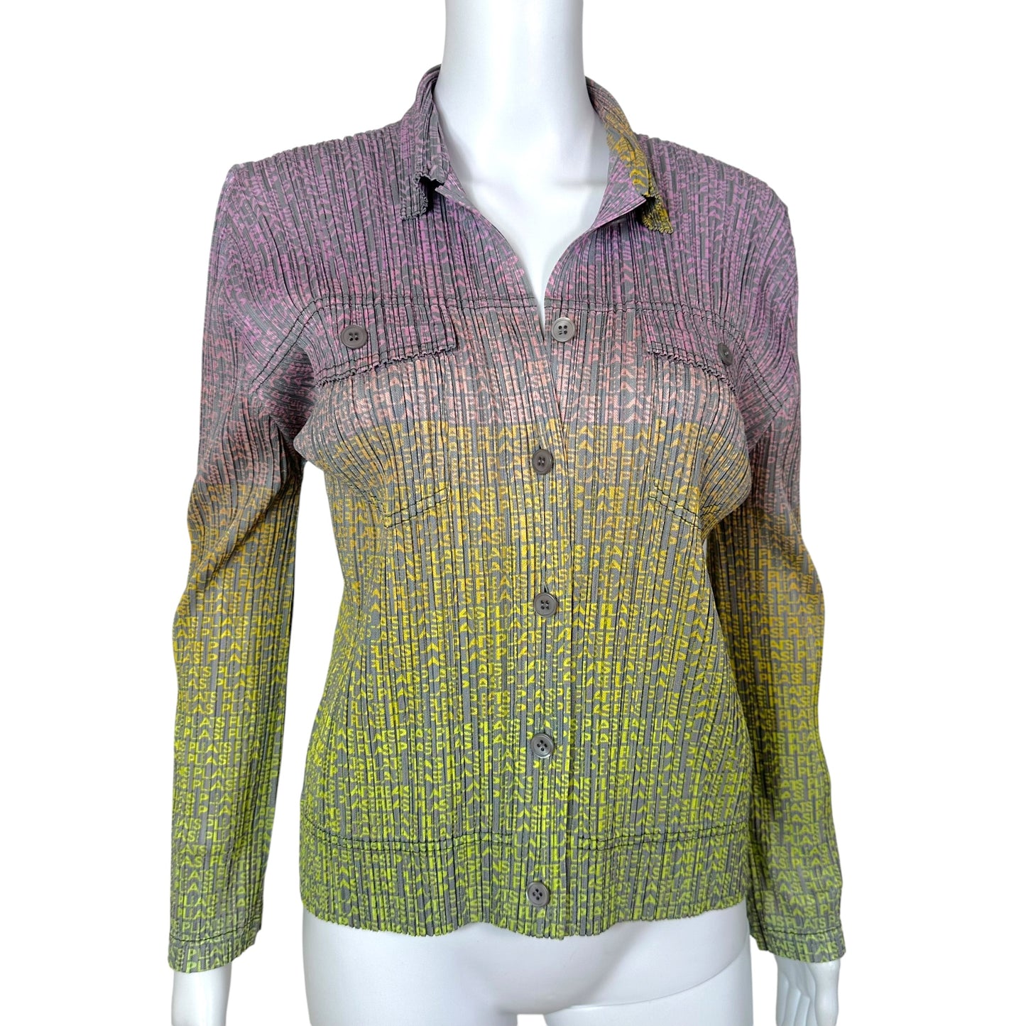 Issey Miyake Pleats Please Purple-Green Ombre Logo Print Button Up Jacket