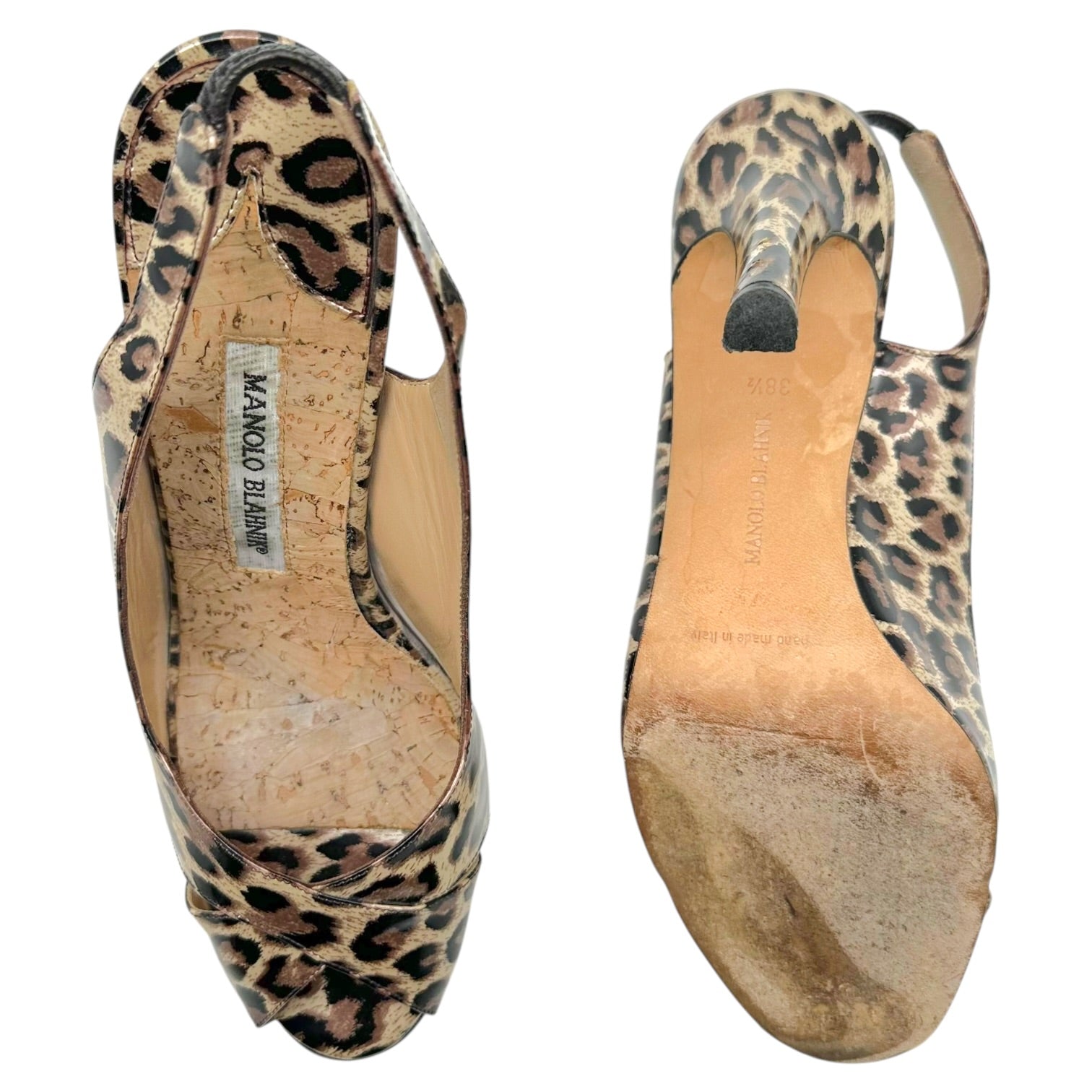 Manolo Blahnik Leopard Patent Leather Slingback Sandals