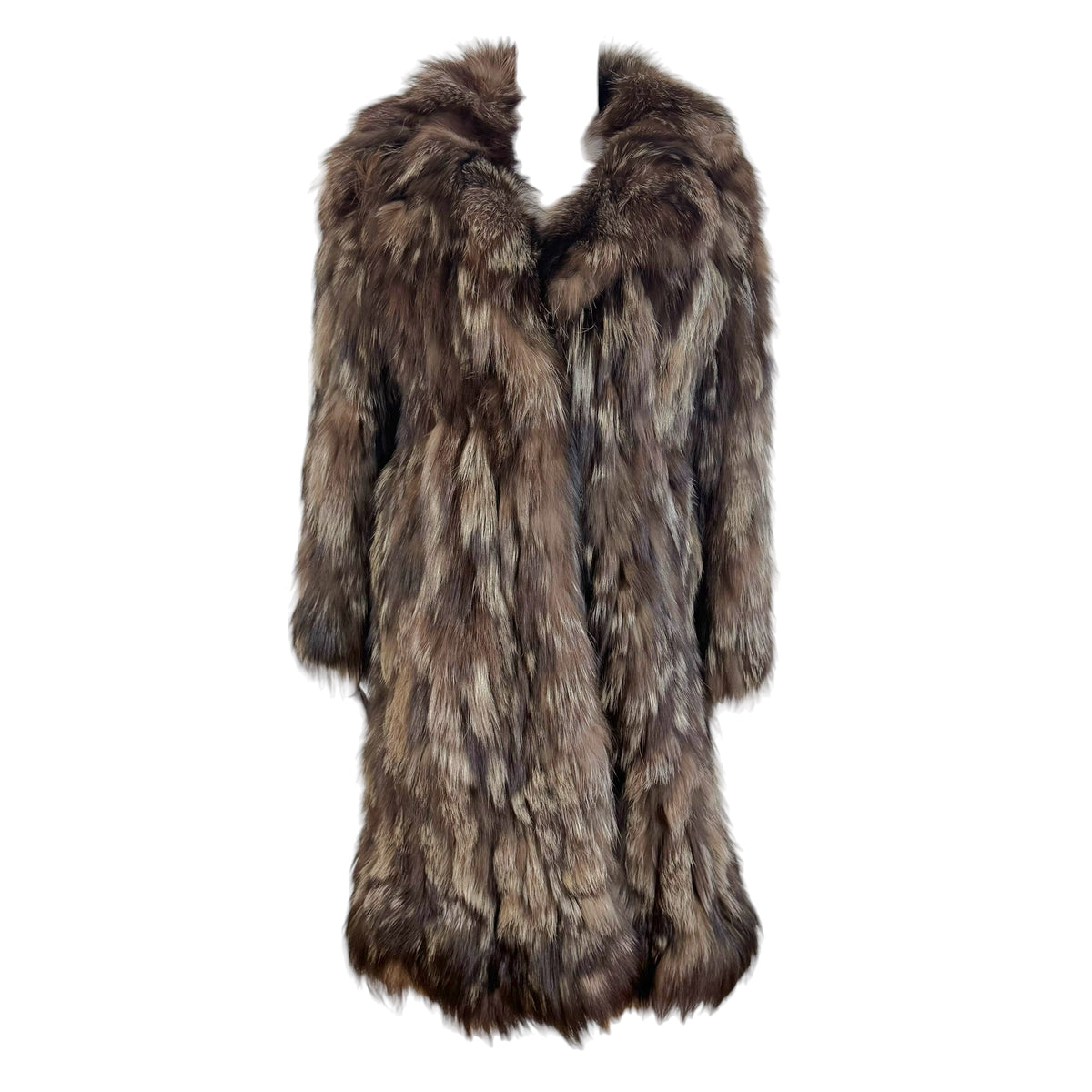 Brown Silver Fox Fur Mid-Length Coat 1990s Vintage XS