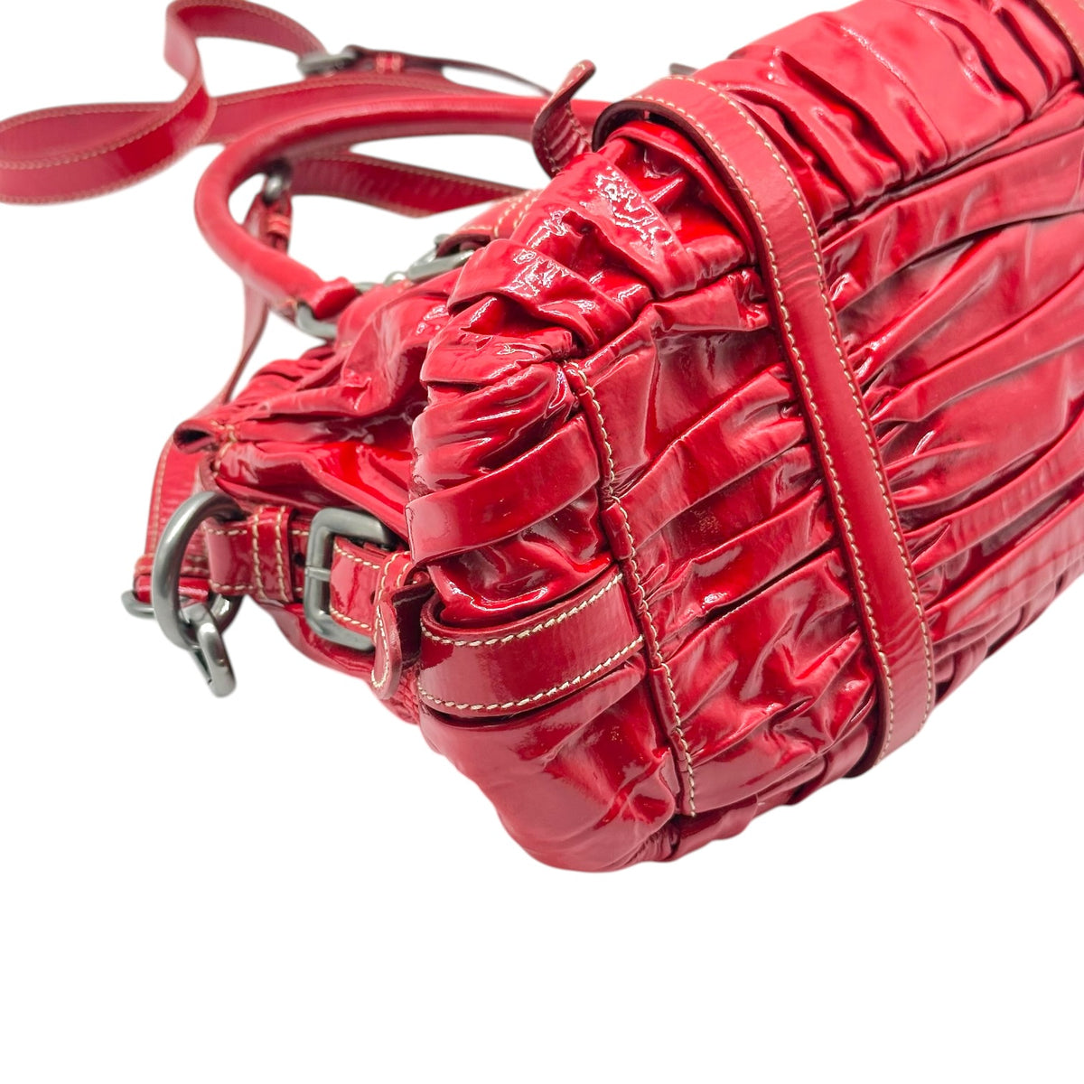 Prada Red Ruched Patent Leather 2-Way Bag