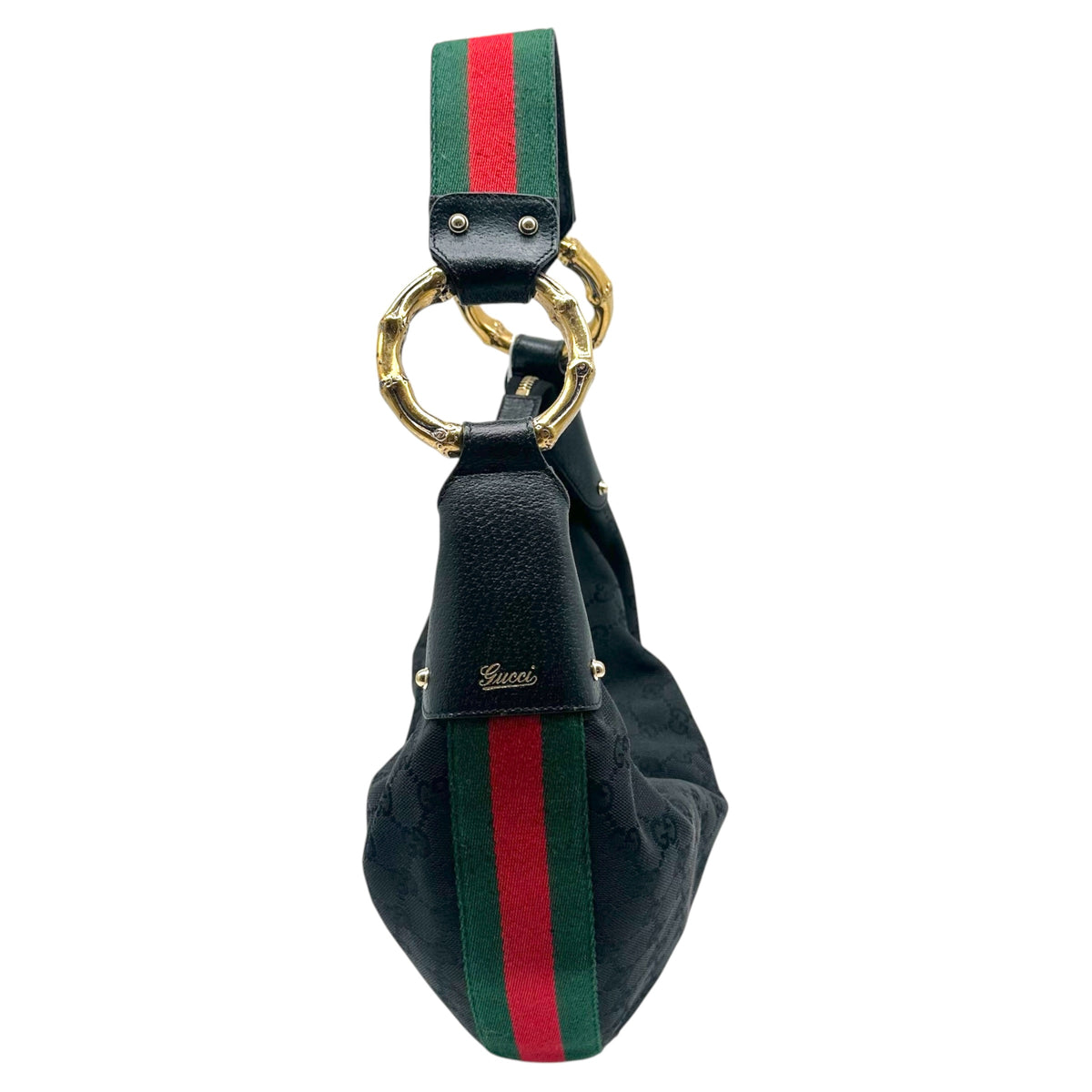 Gucci Black Monogram & Gold Bamboo Web Stripe Crescent Shoulder Bag