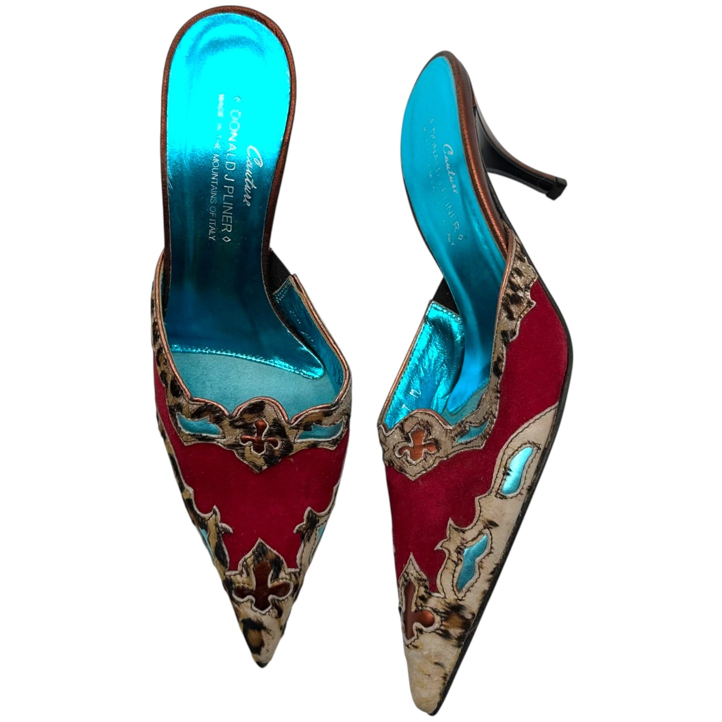 Donald Pliner Couture Red Suede Leopard Ponyhair Trim Mule Heels