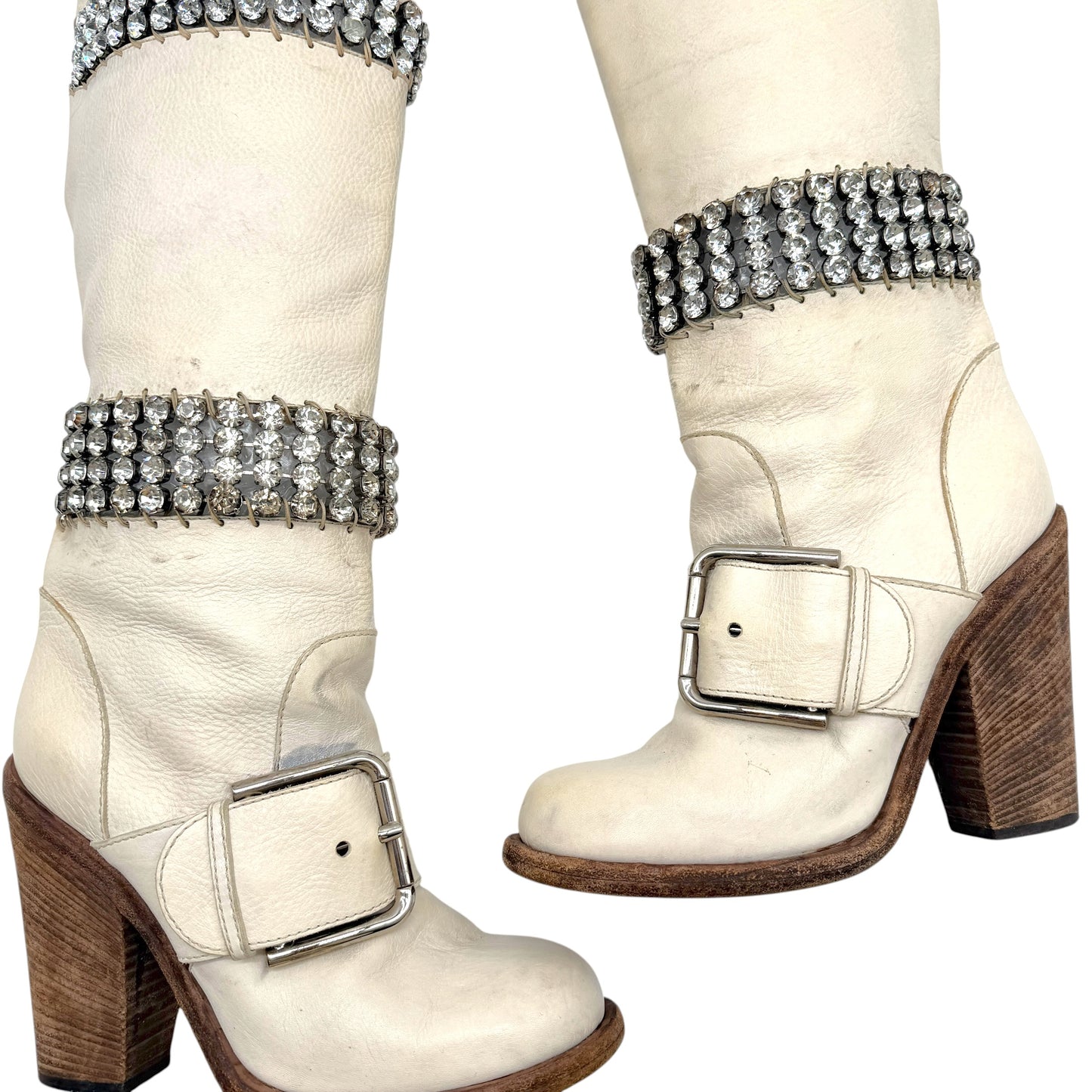 Dolce & Gabbana White Leather & Crystal Heeled Boots