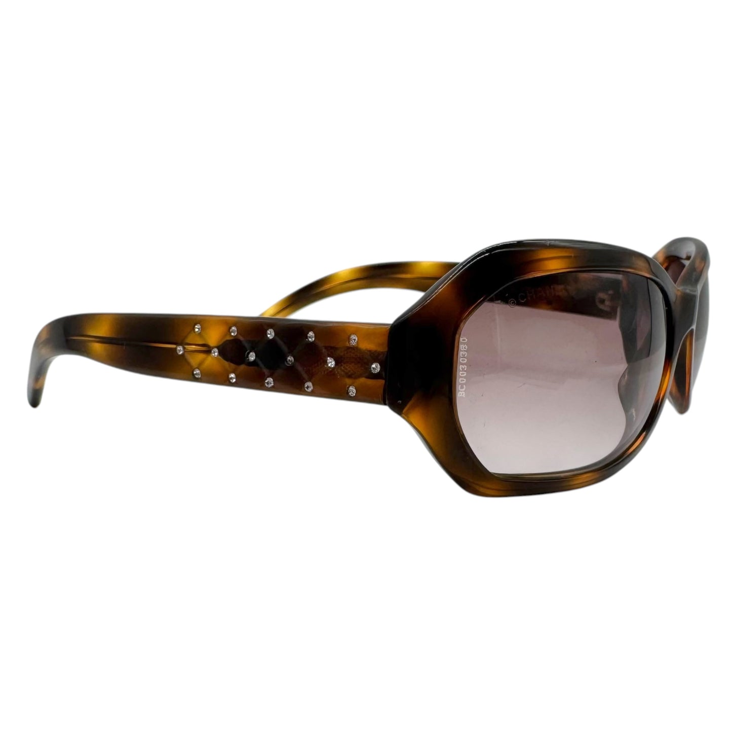 Chanel Brown Tortoise Rhinestone Arm Rectangle Sunglasses 5062