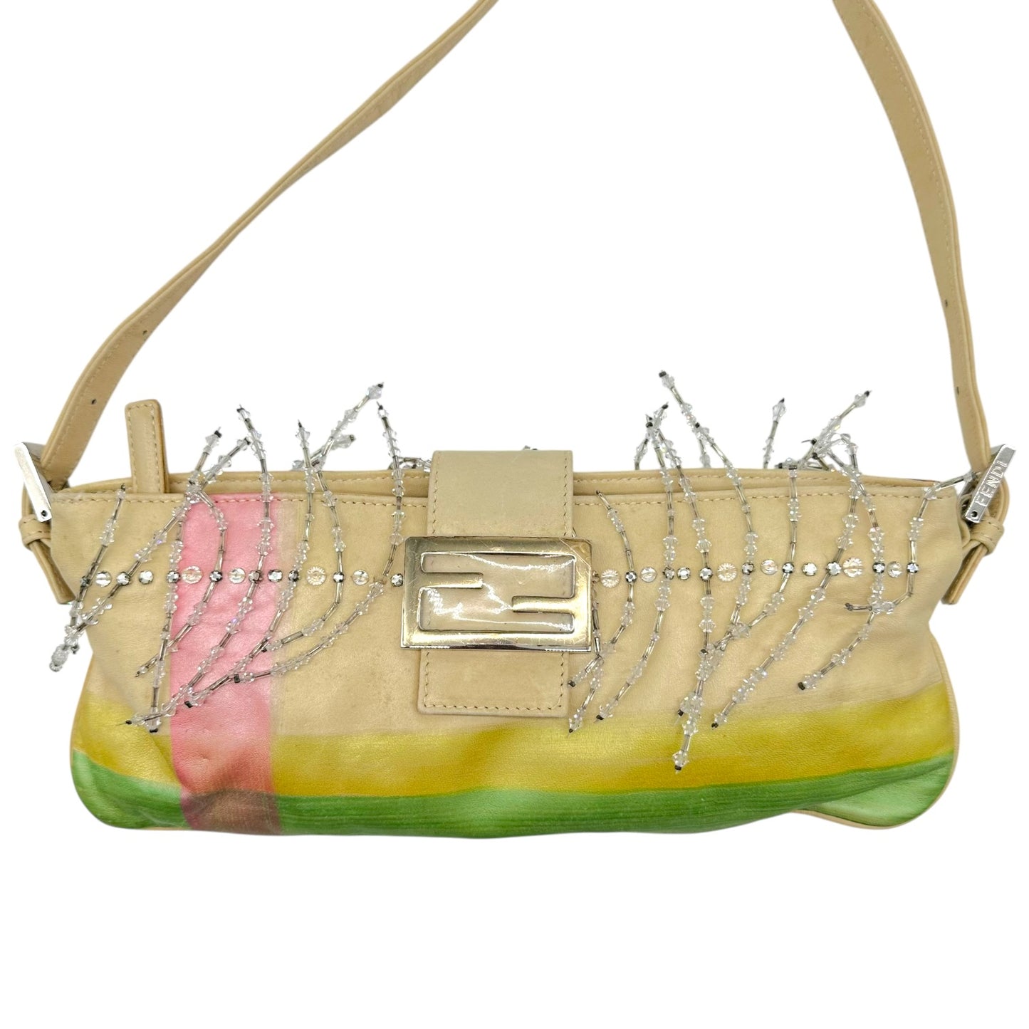 Fendi Pastel Painted Leather & Beaded Rhinestone Embellished Crossbody Baguette Bag