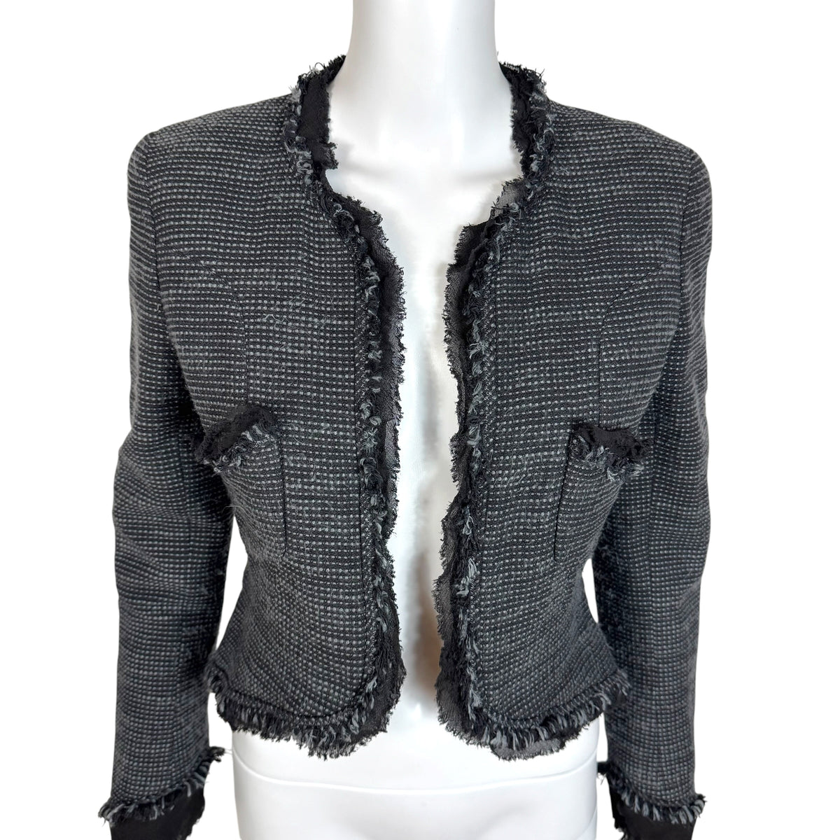 Chanel Cruise 2004 Black & Gray Tweed Silk Trim Cropped Blazer Jacket