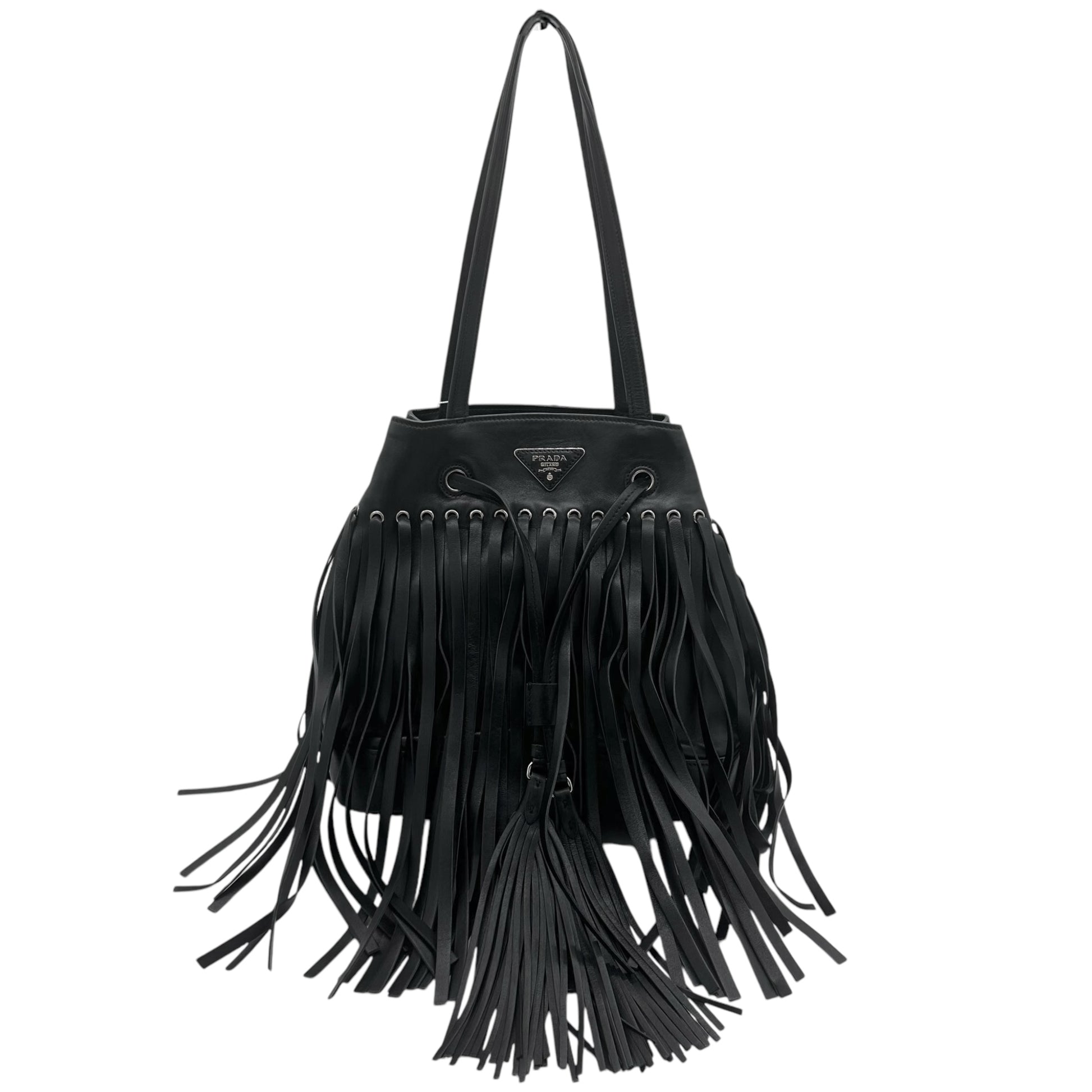 Prada Black Leather Fringe Bucket Bag - Outfit Repeater