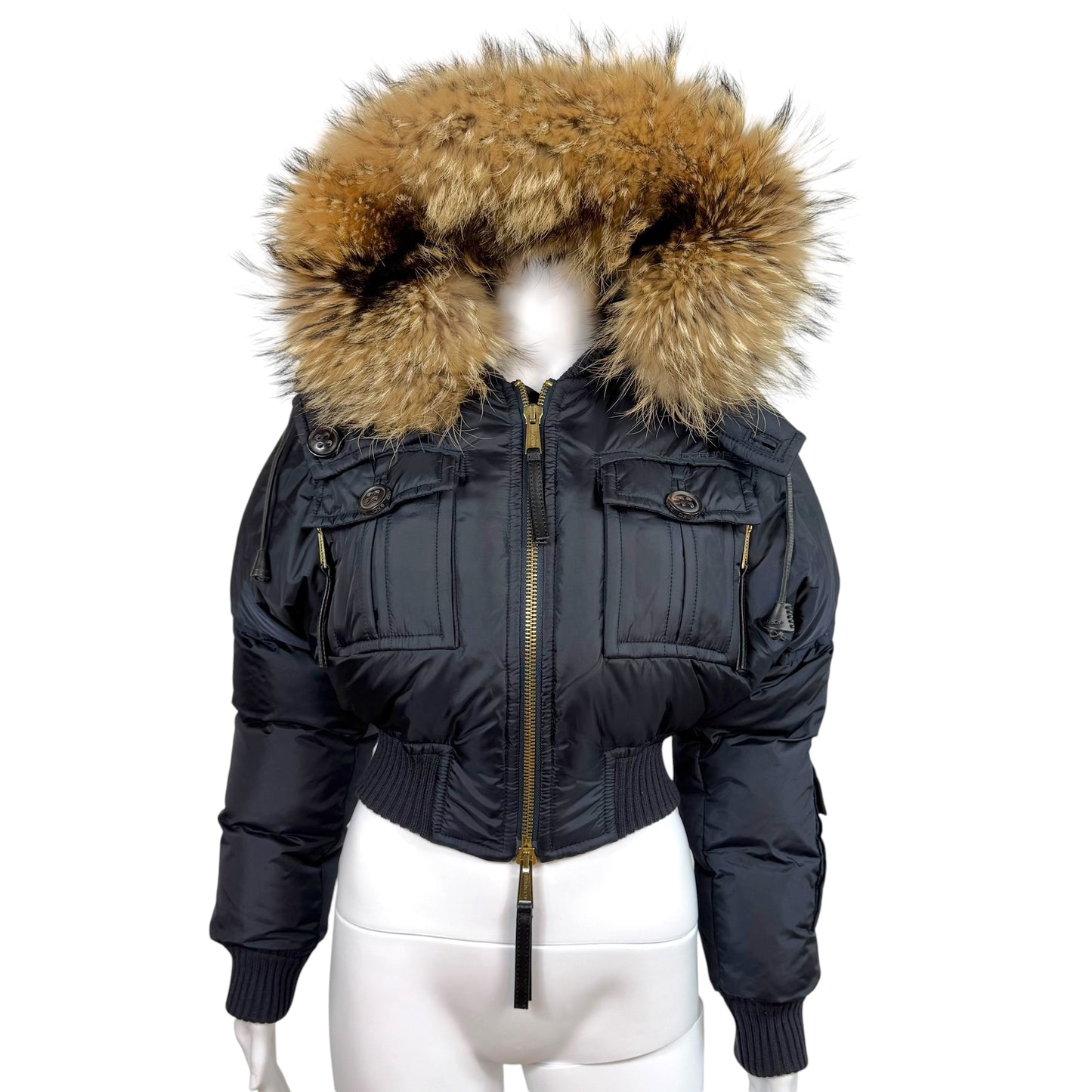 Dsquared2 Navy Blue Down Fill Fox Fur Trim Hood Cropped Bomber Puffer Coat