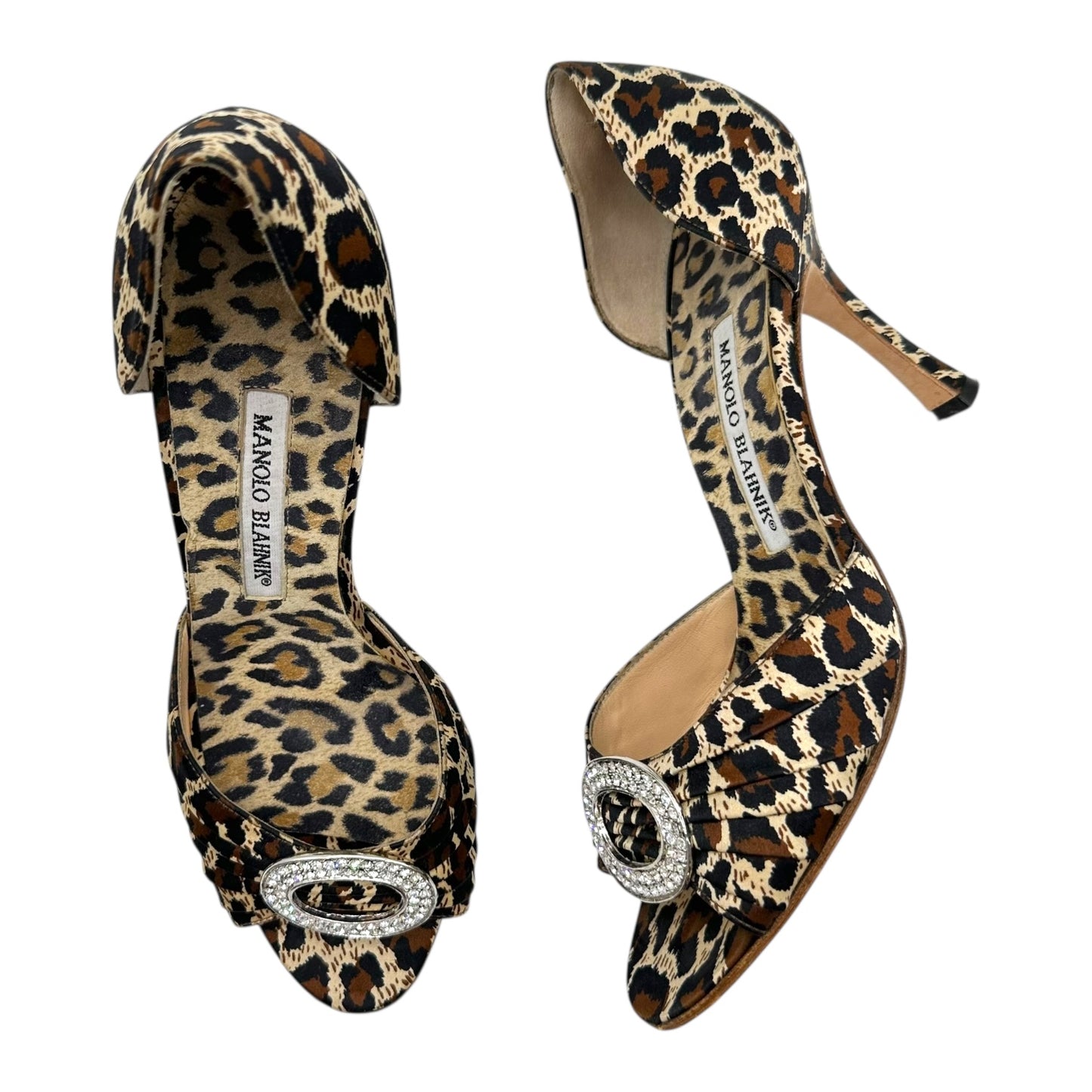 Manolo Blahnik Leopard Print Silk & Crystal D'Orsay Heels
