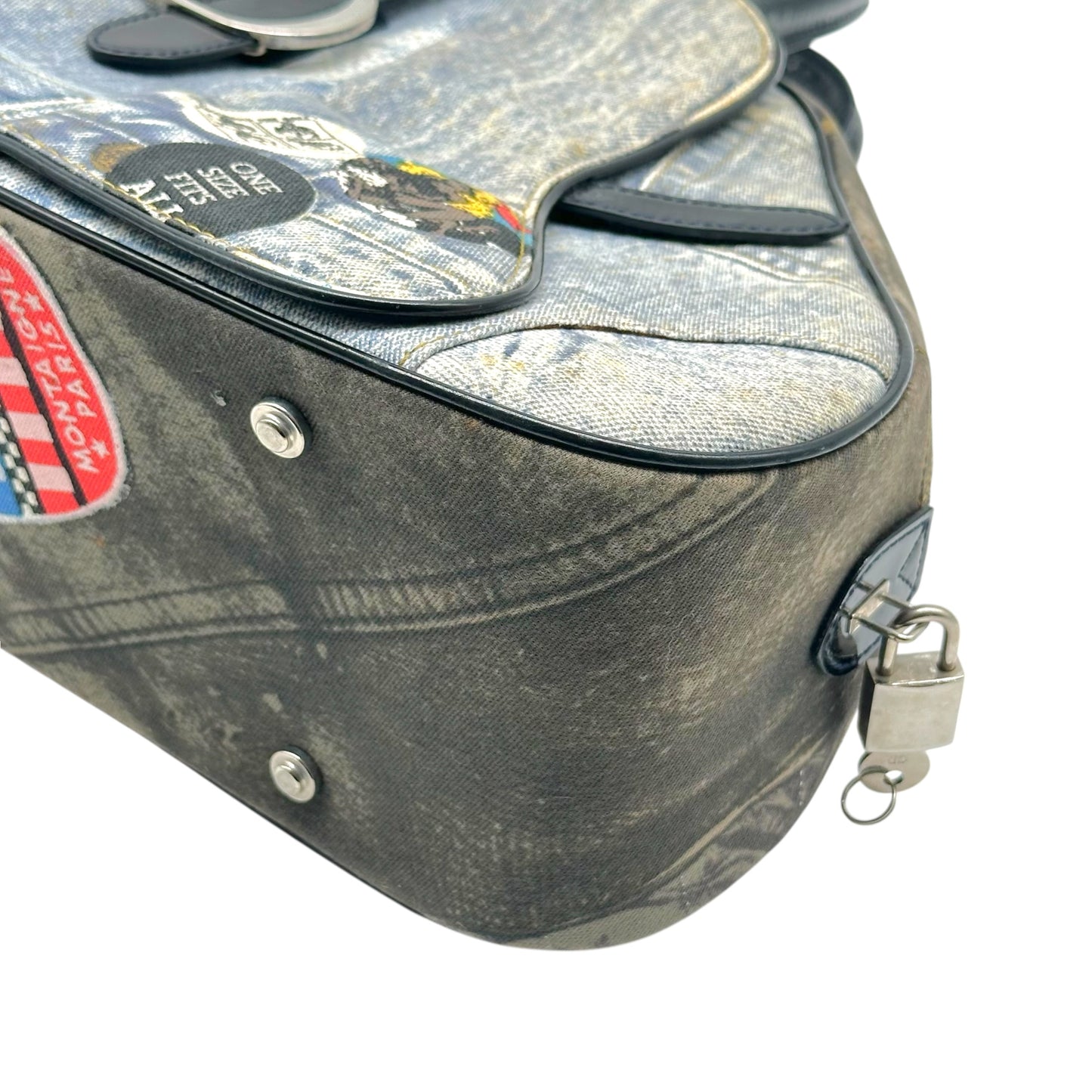 Christian Dior Denim Print Large Double Saddle Bowler Bag
