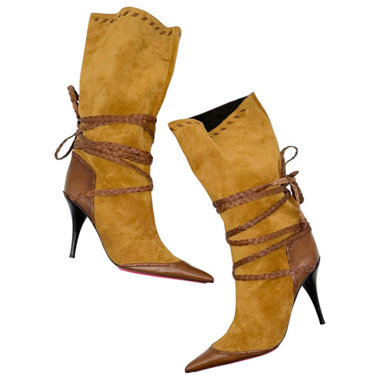 Emmanuel Ungaro Brown Suede Leather Braided Wrap Boots