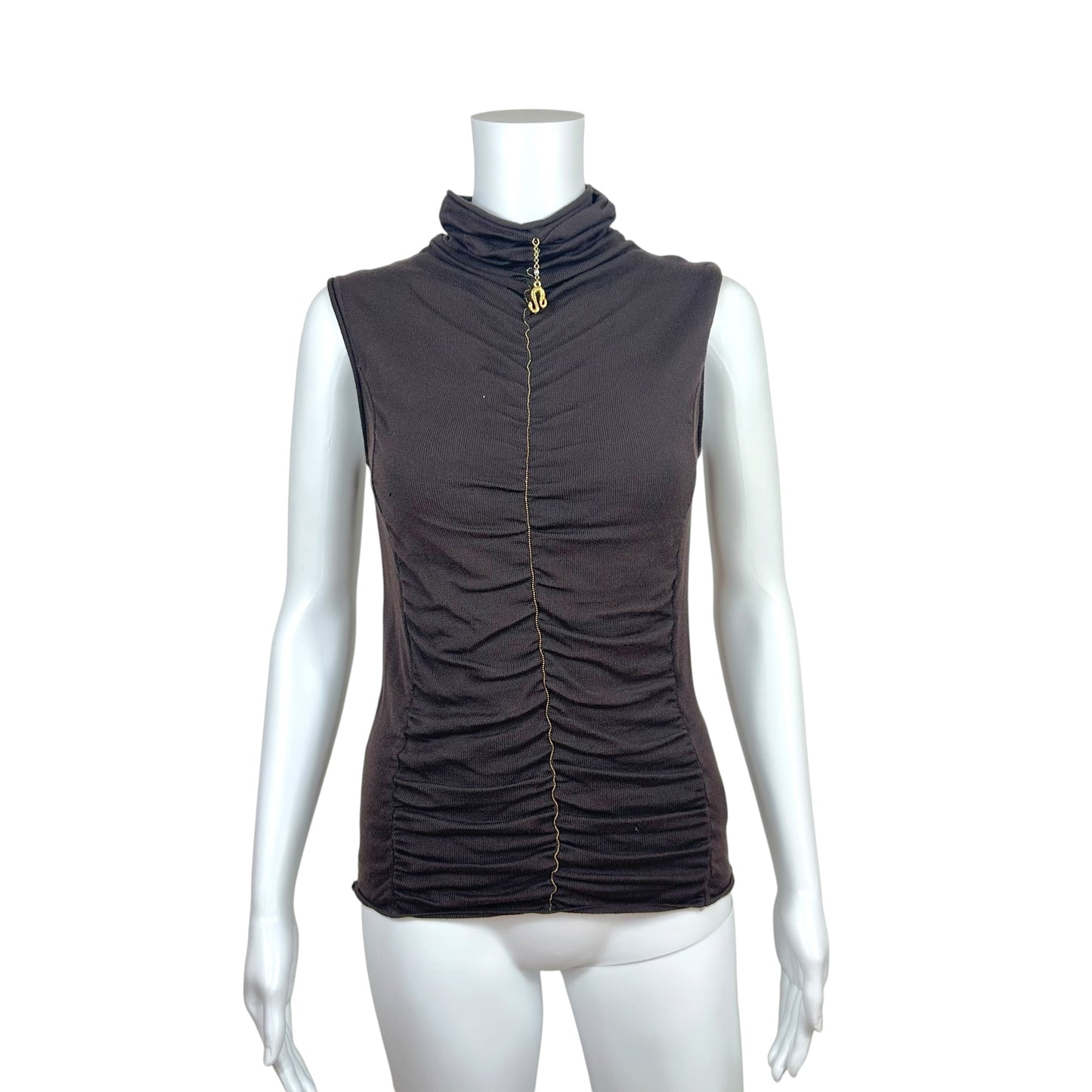 Roberto Cavalli 2003 Gold Charm & Brown Knit Sleeveless Turtleneck Top