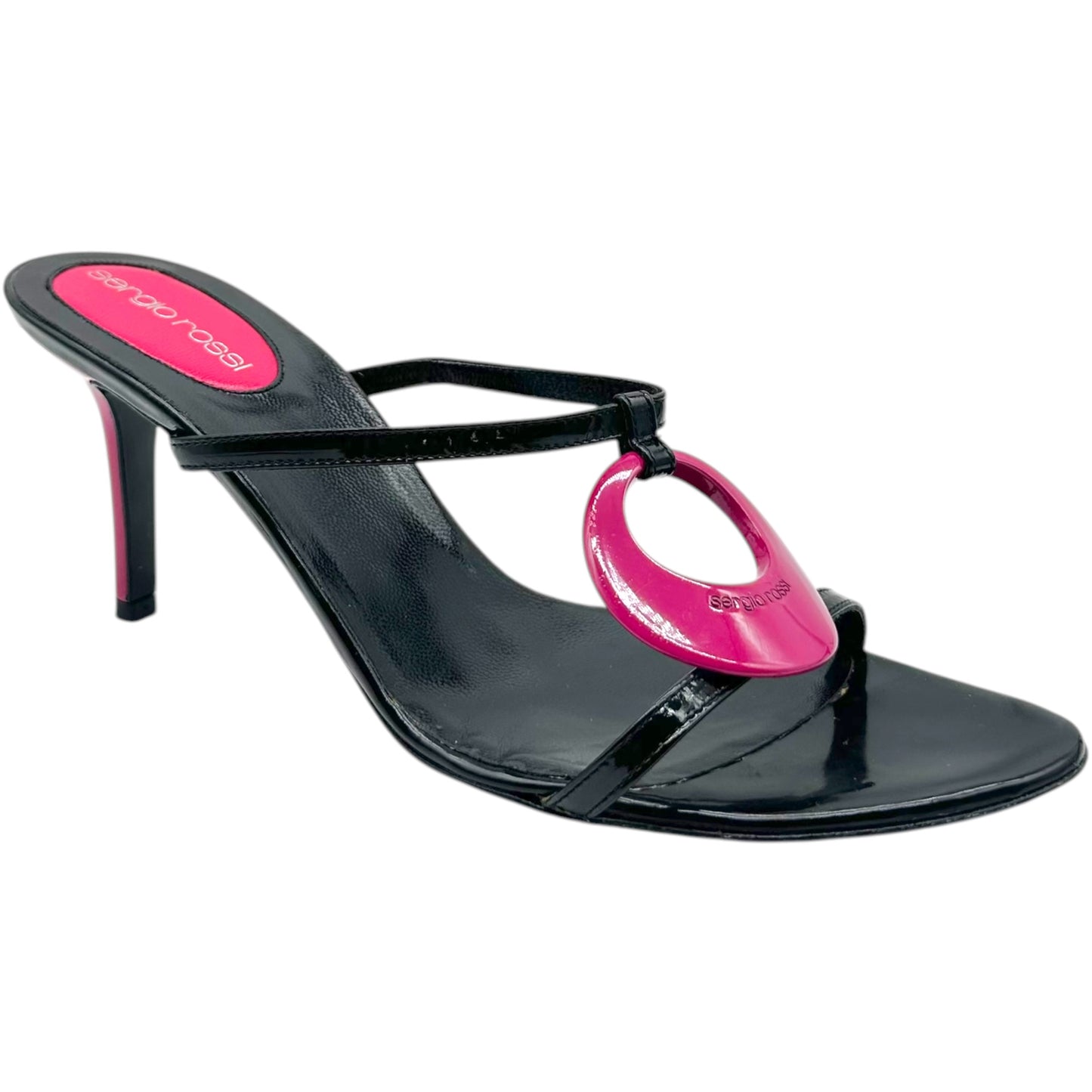 Sergio Rossi Black Patent Leather Pink Logo Heeled Mules