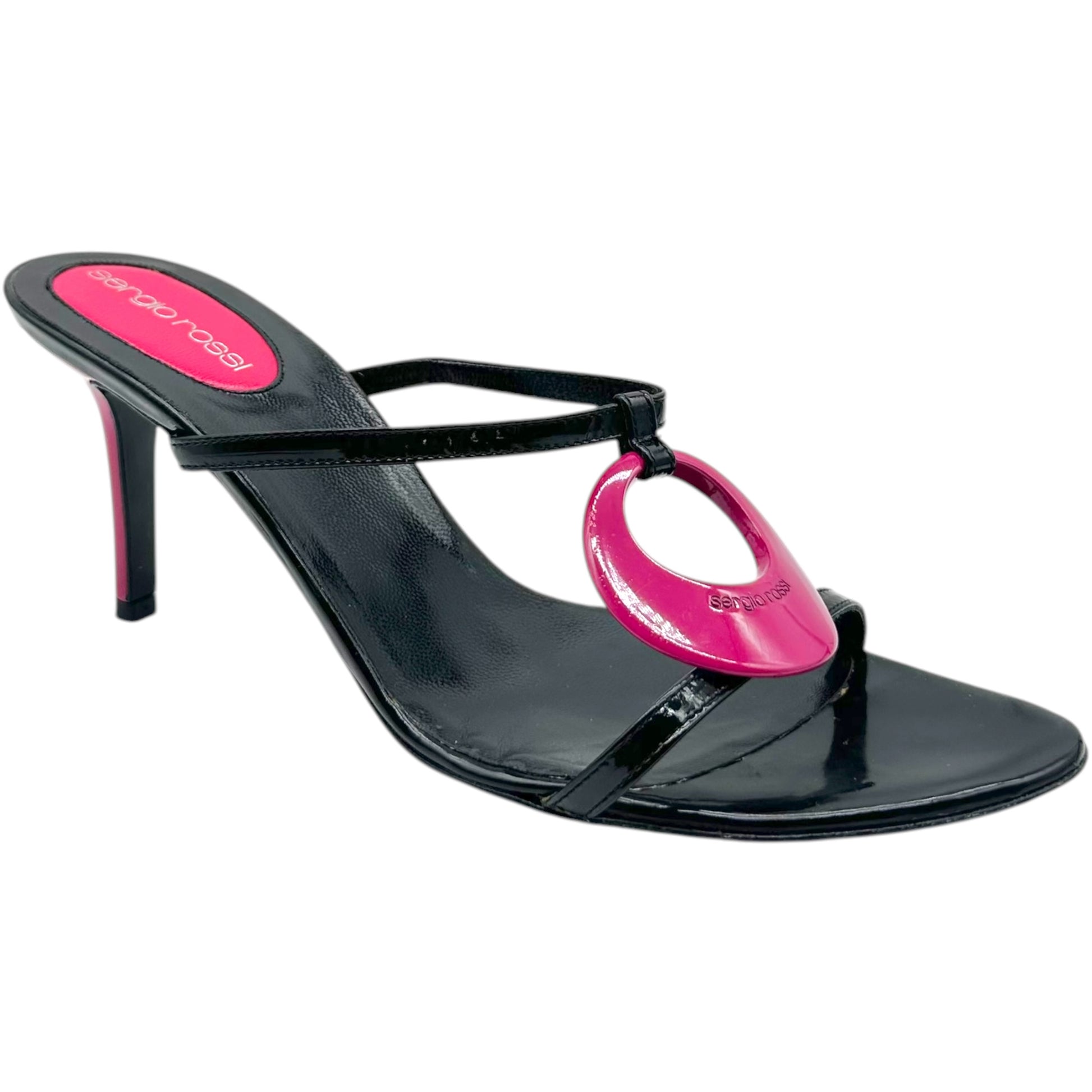 Sergio Rossi Black Patent Leather Pink Logo Heeled Mules