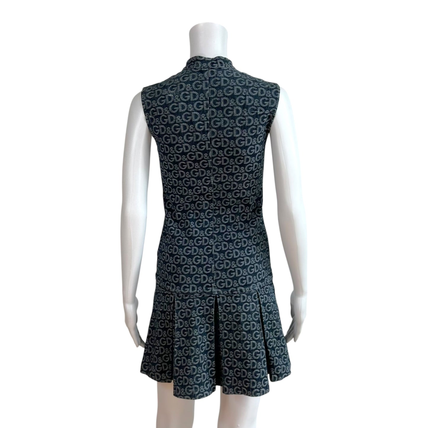 D&G Pleated Denim Mini Dress All-Over Logo Pattern