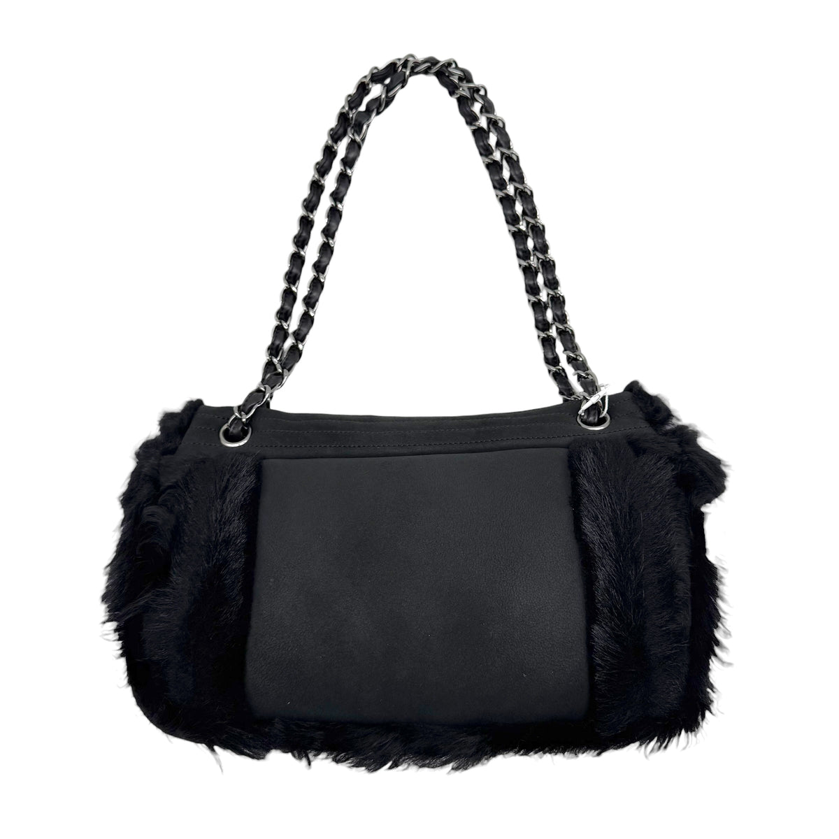 Chanel Sport Black Shearling Quilted Large Flap Bag 2006-08
