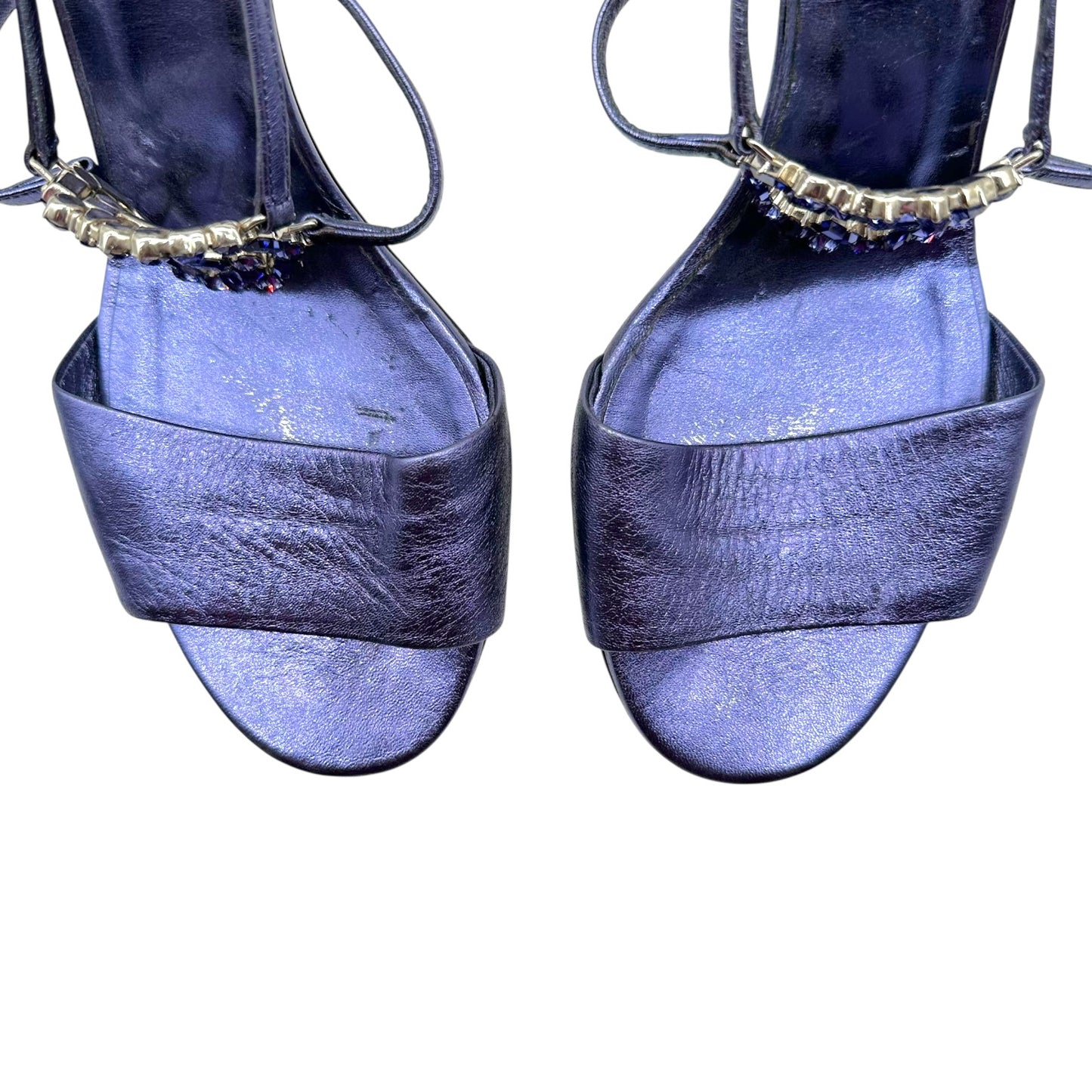 Gucci Purple Metallic Crystal GG Logo Sandal Heels