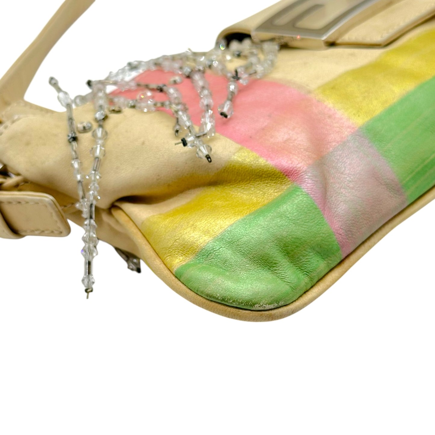 Fendi Pastel Painted Leather & Beaded Rhinestone Embellished Crossbody Baguette Bag