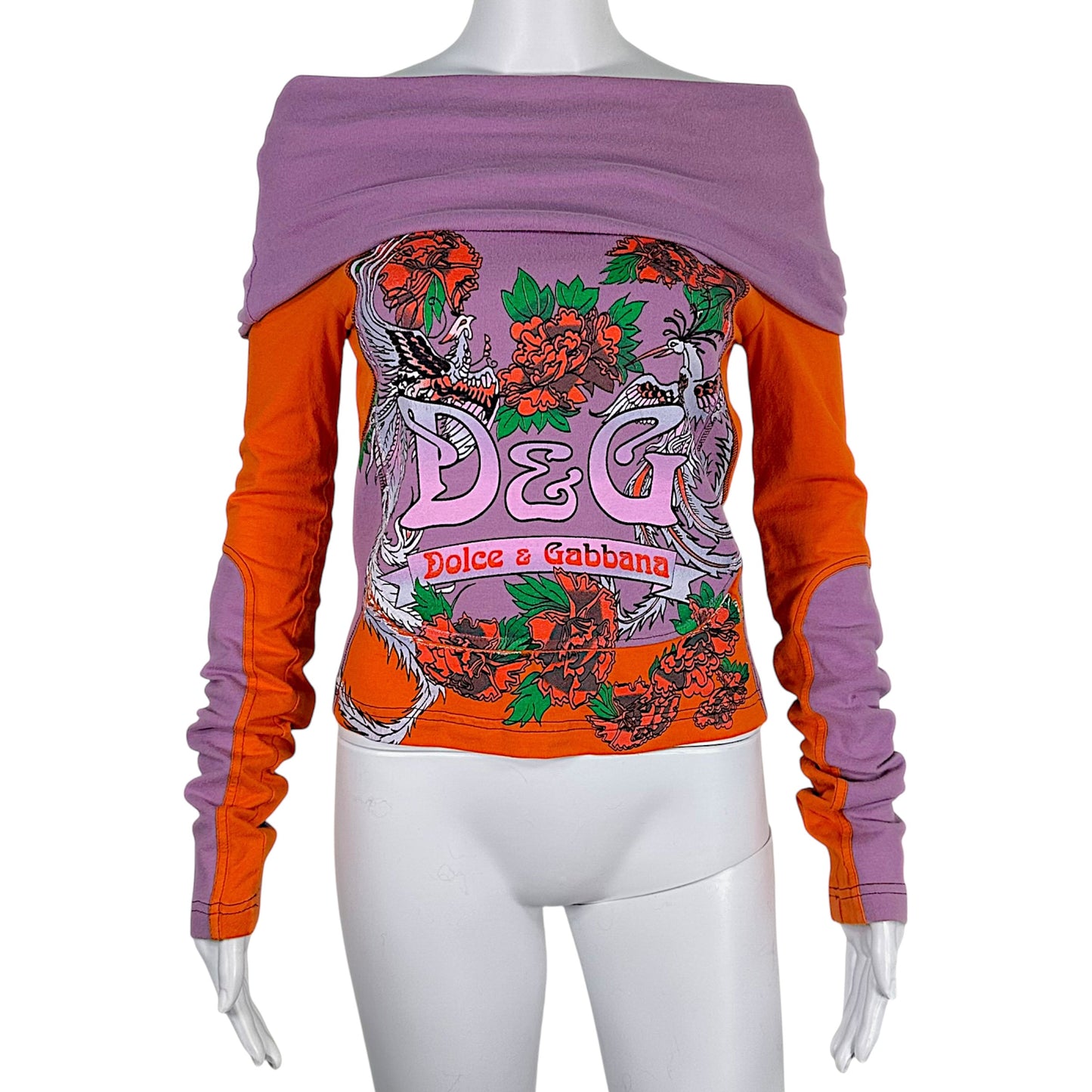 D&G Dolce & Gabbana Purple & Orange Logo Print Off Shoulder T-Shirt