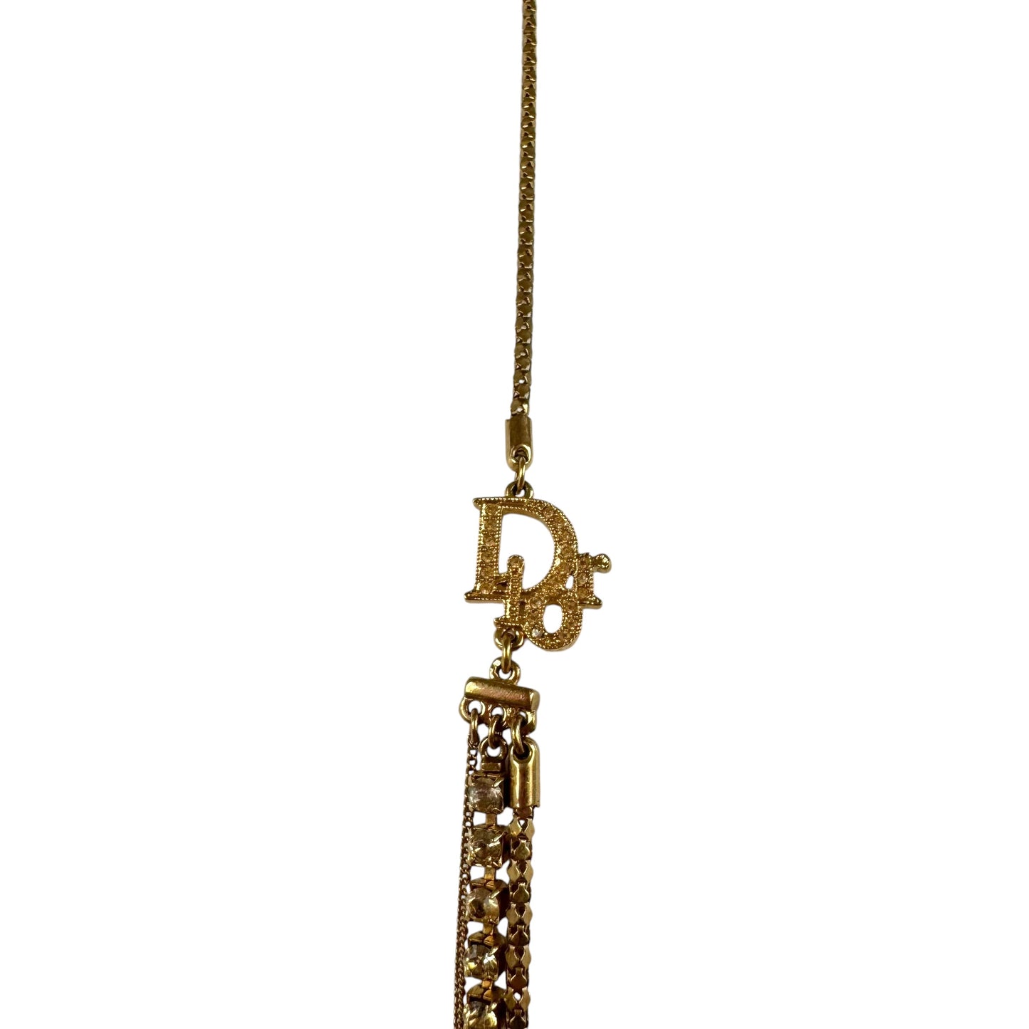 Christian Dior Gold Logo Charm Crystal Long Layered Necklace