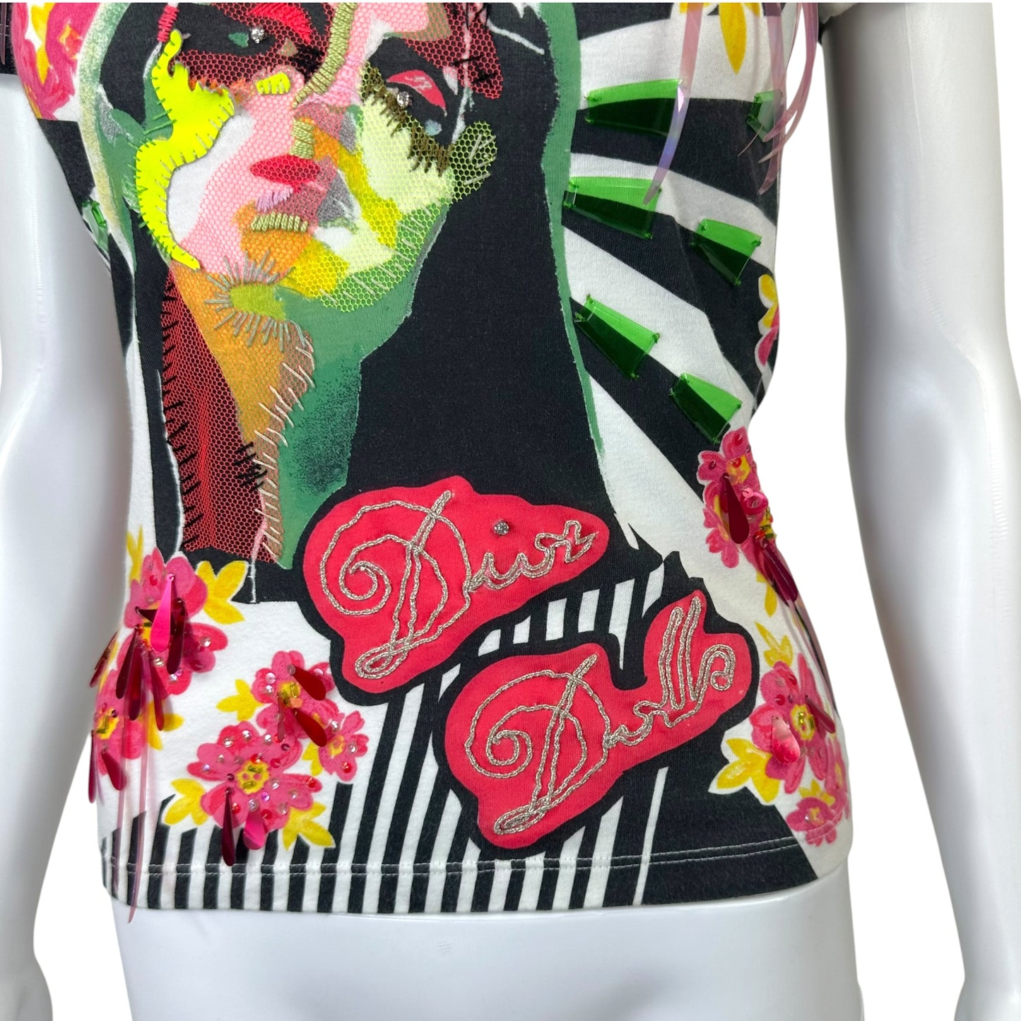 Christain Dior F/W 2004 Dior Dolls Sequin & Leather Embellished Graphic T-Shirt