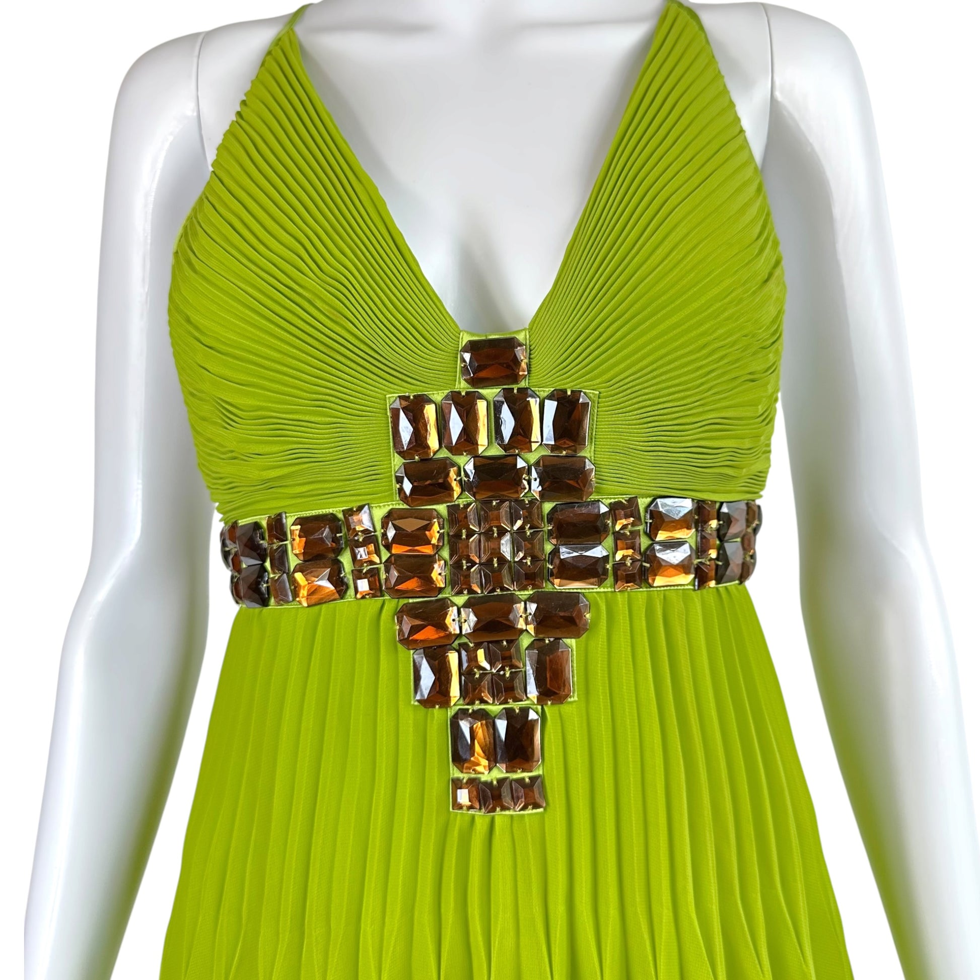 Roberto Cavalli Bright Green Rhinestone Pleated Mini Dress