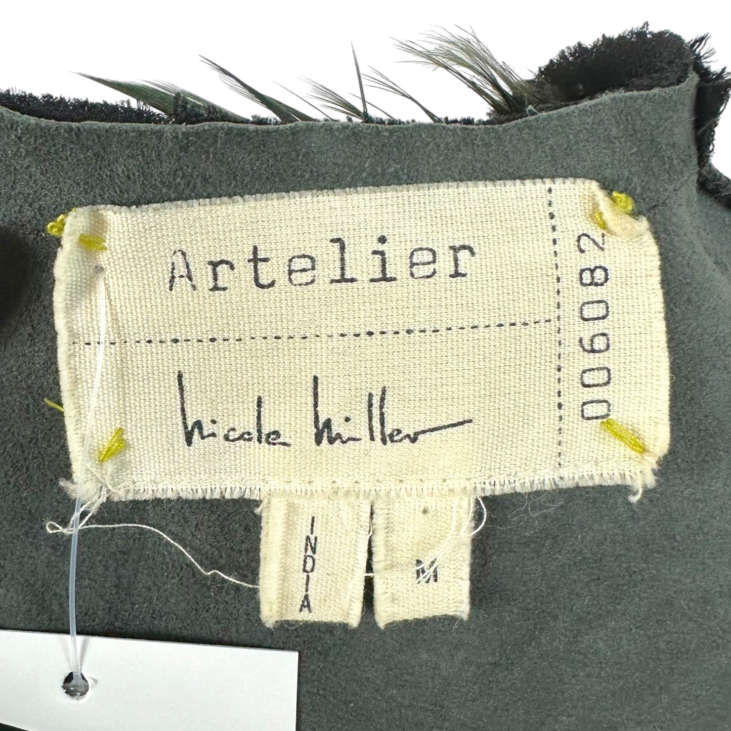 Nicole Miller Atelier Black Leather & Iridescent Green Feather Embellished Cropped Top