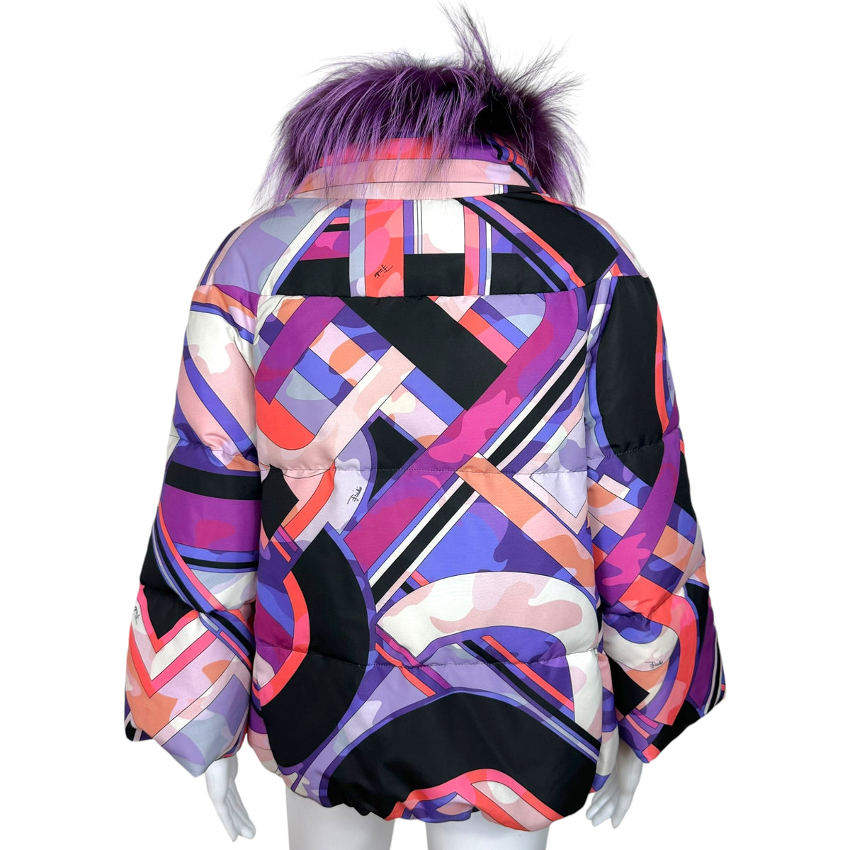 Emilio Pucci Puffer Coat Pink Purple Print Fur Collar