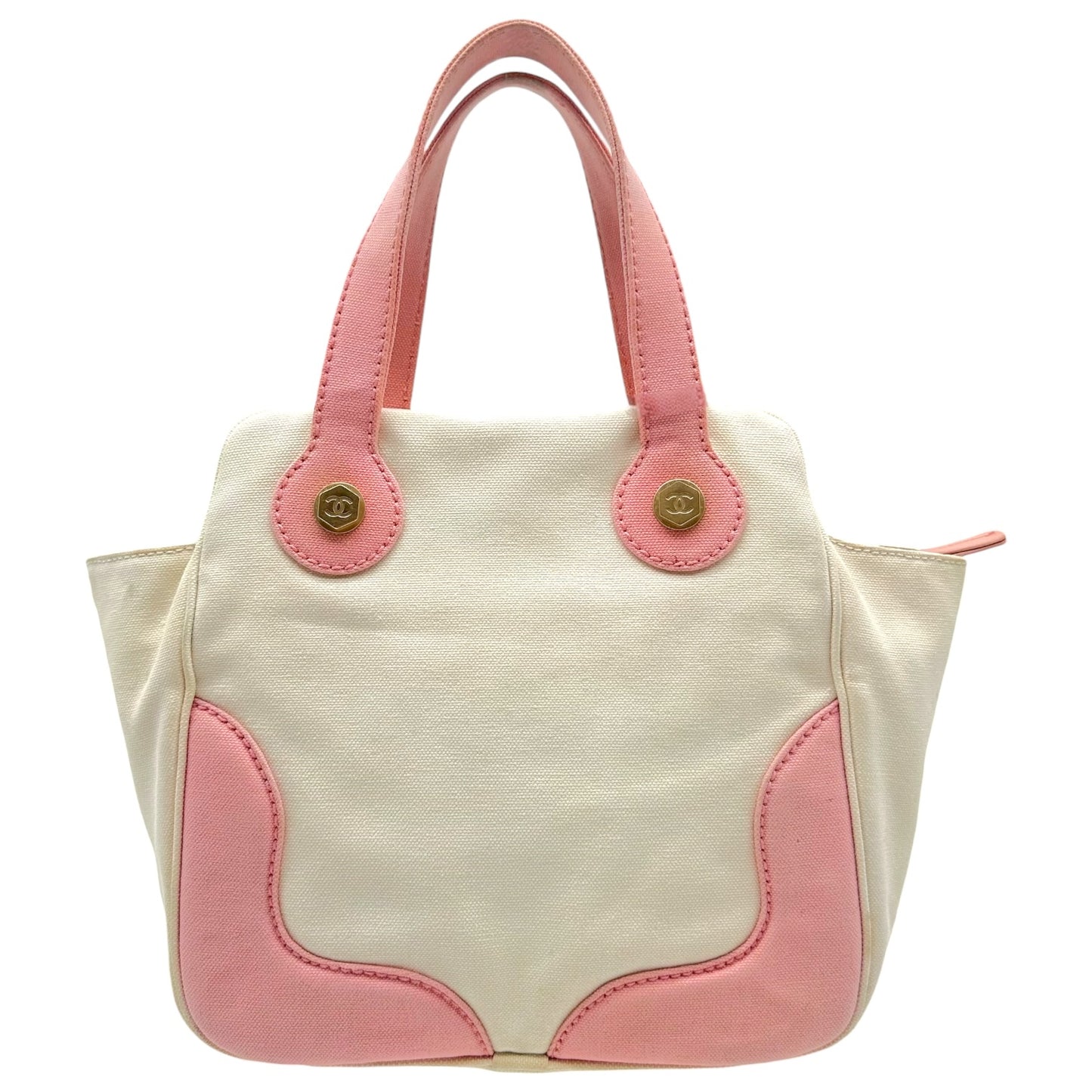 Chanel Mini Tote Bag Pink White Canvas Gold Hardware