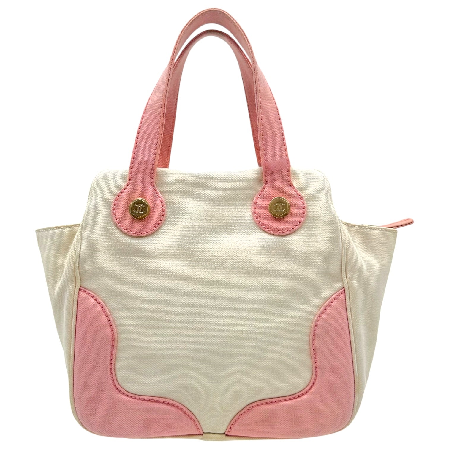 Chanel Mini Tote Bag Pink White Canvas Gold Hardware
