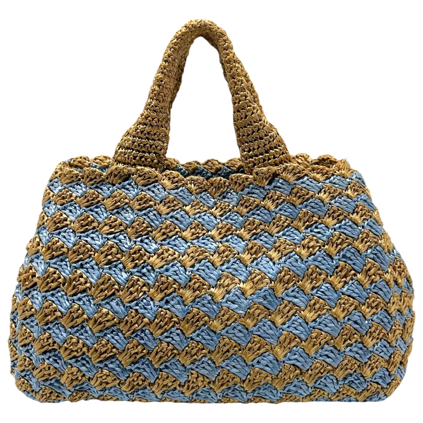 Prada Tan & Light Blue Woven Raffia Canapa Tote Bag