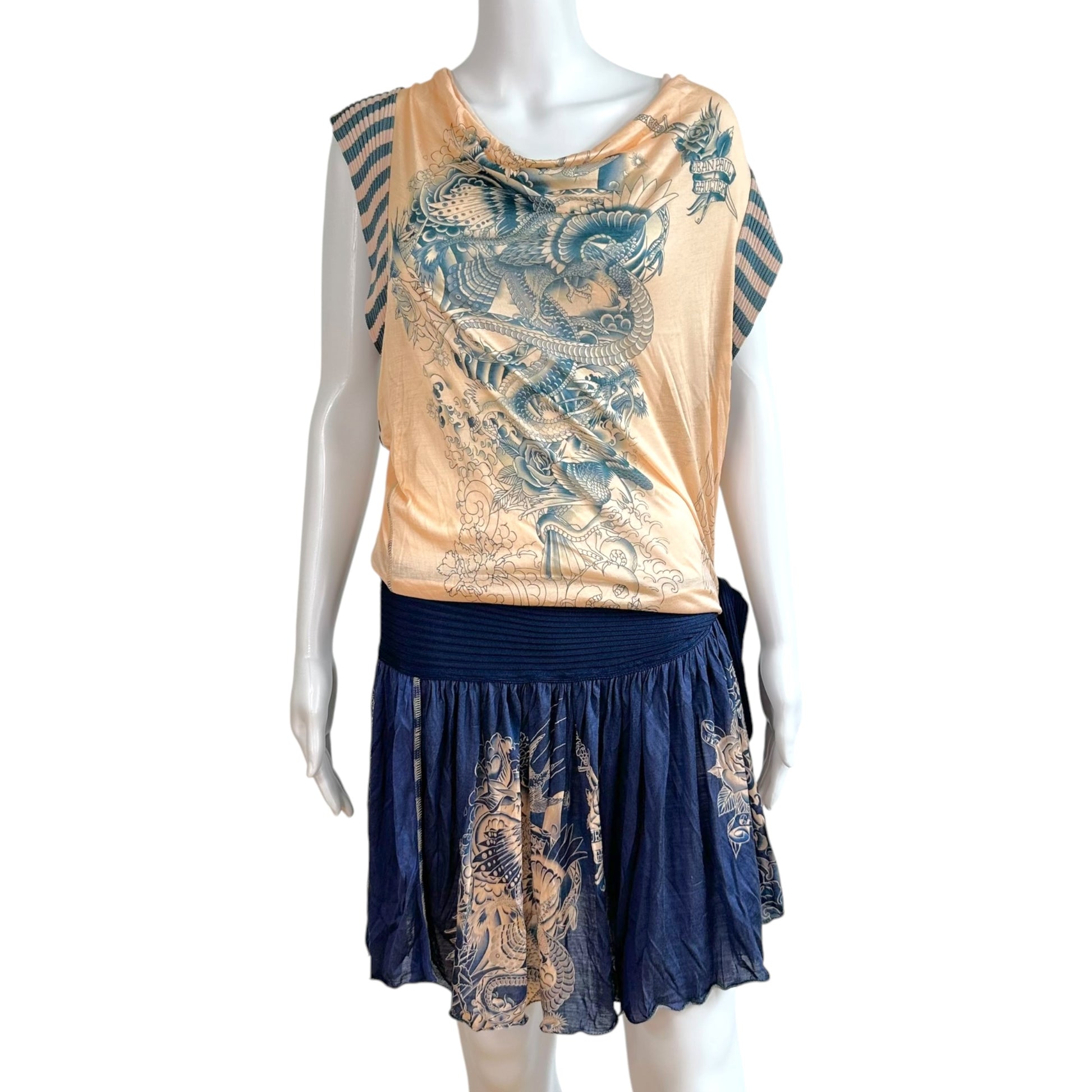 Jean Paul Gaultier Mini Dress Nude Navy Blue Tattoo Print