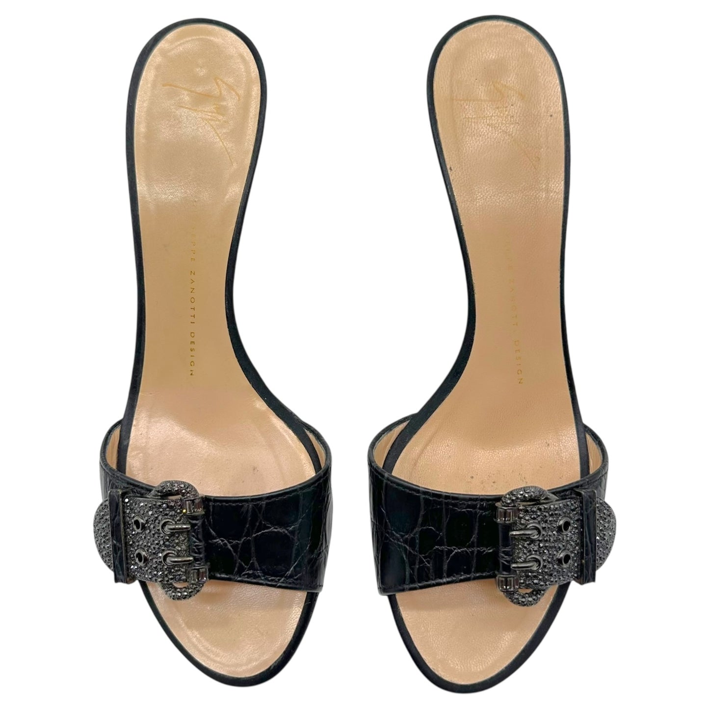 Giuseppi Zanotti Black Croc Embossed Embellished Buckle Heels
