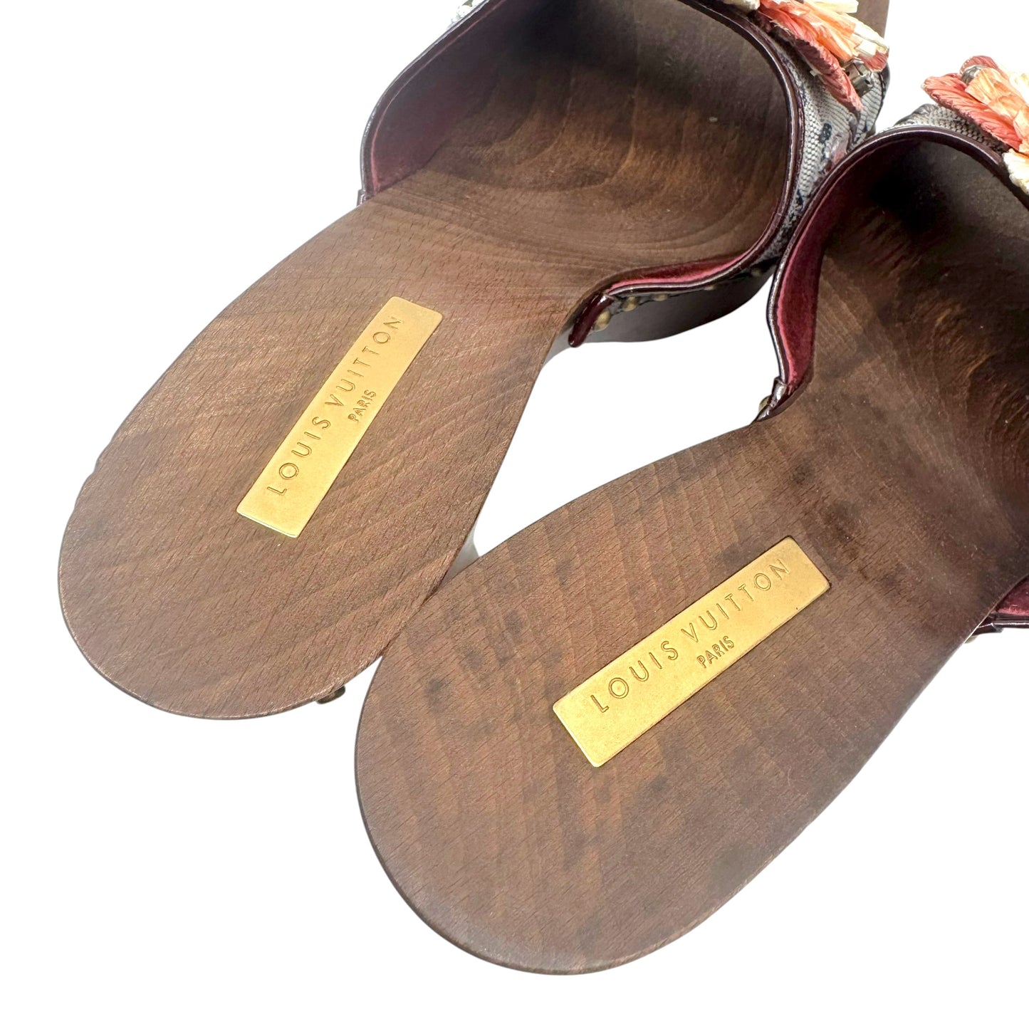 Louis Vuitton Lin Monogram & Sequin Raffia Flower Wooden Platform Heel Mules