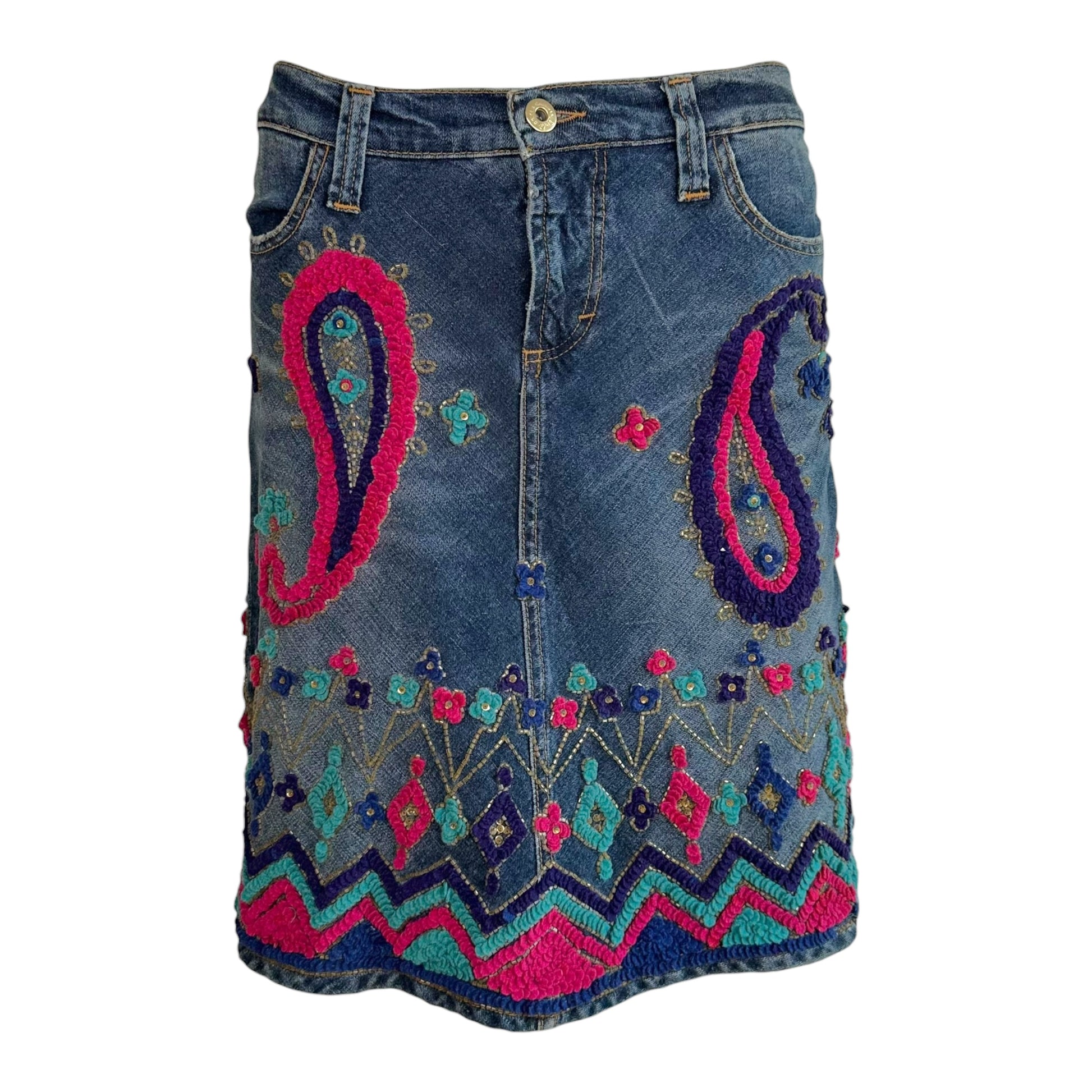 Dolce & Gabbana Denim Midi Skirt Blue Paisley Embroidery