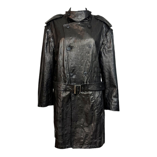 Emporio Armani Black Leather Trench Coat Croc Print