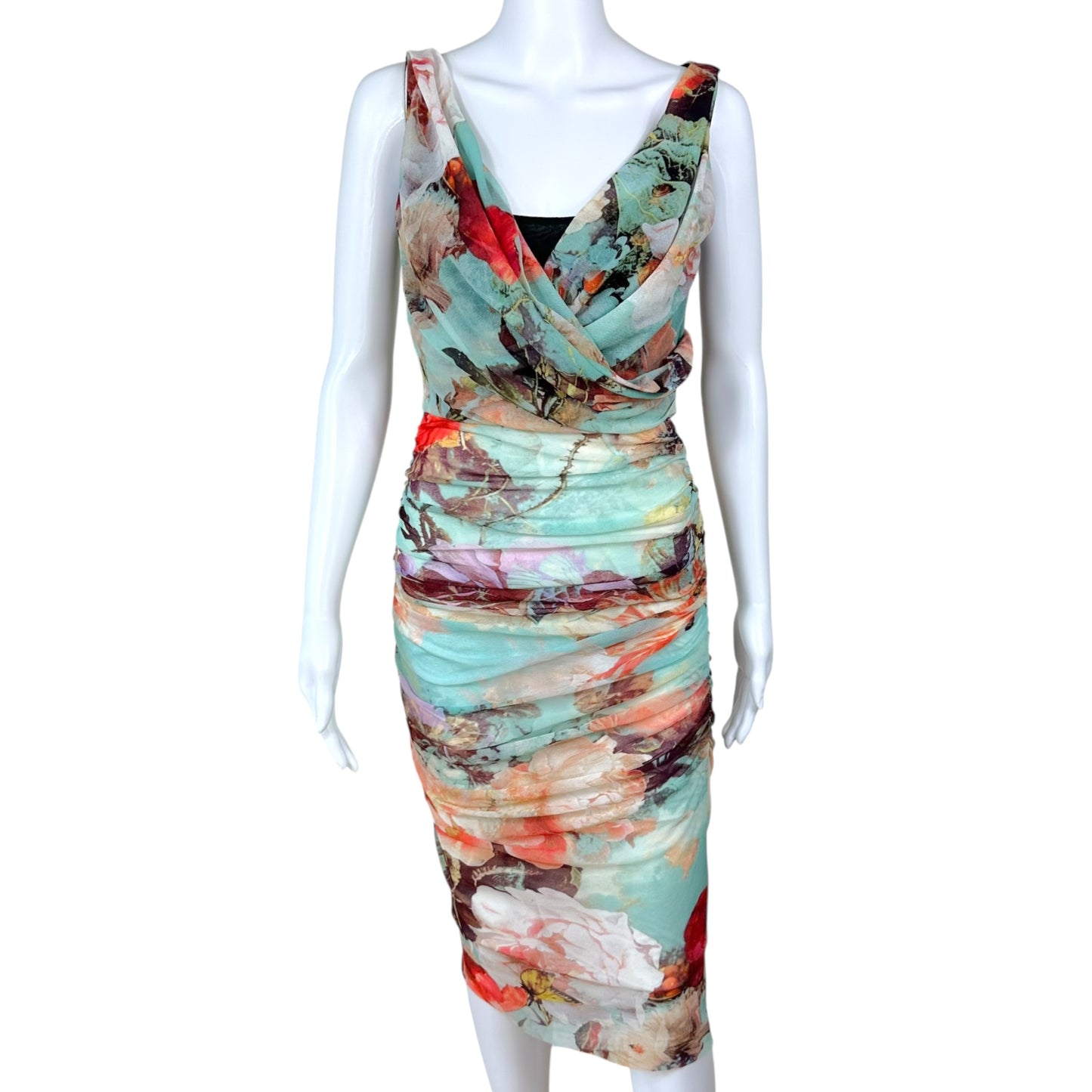 Jean Paul Gaultier Mesh Blue Floral Print Ruched Midi Dress