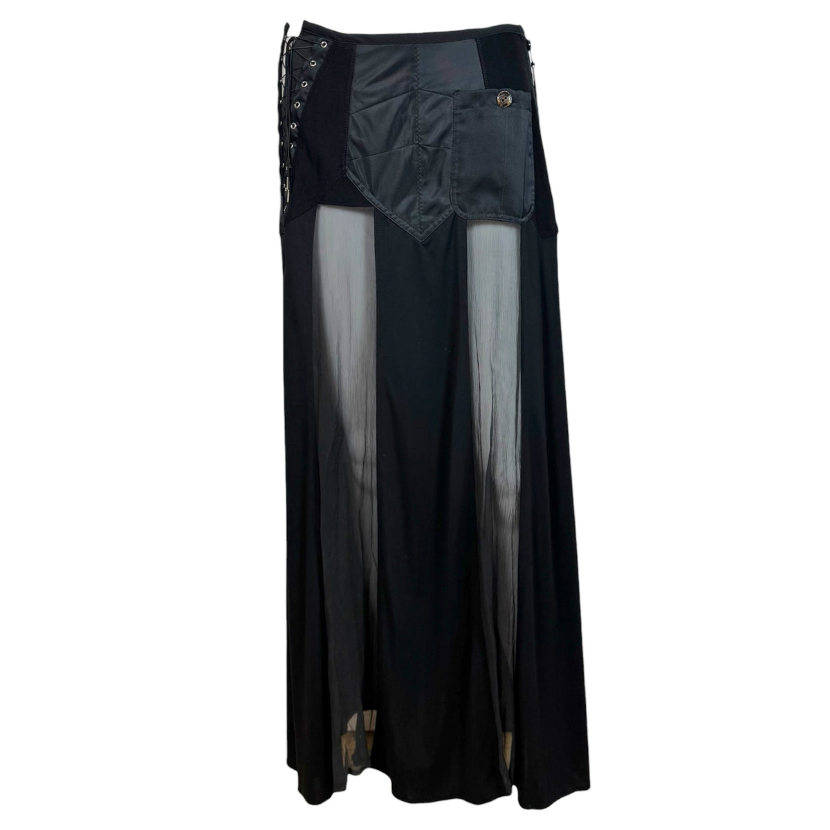 Jean Paul Gaultier Black Sheer Silk Paneled Lace-Up Side Maxi SKirt