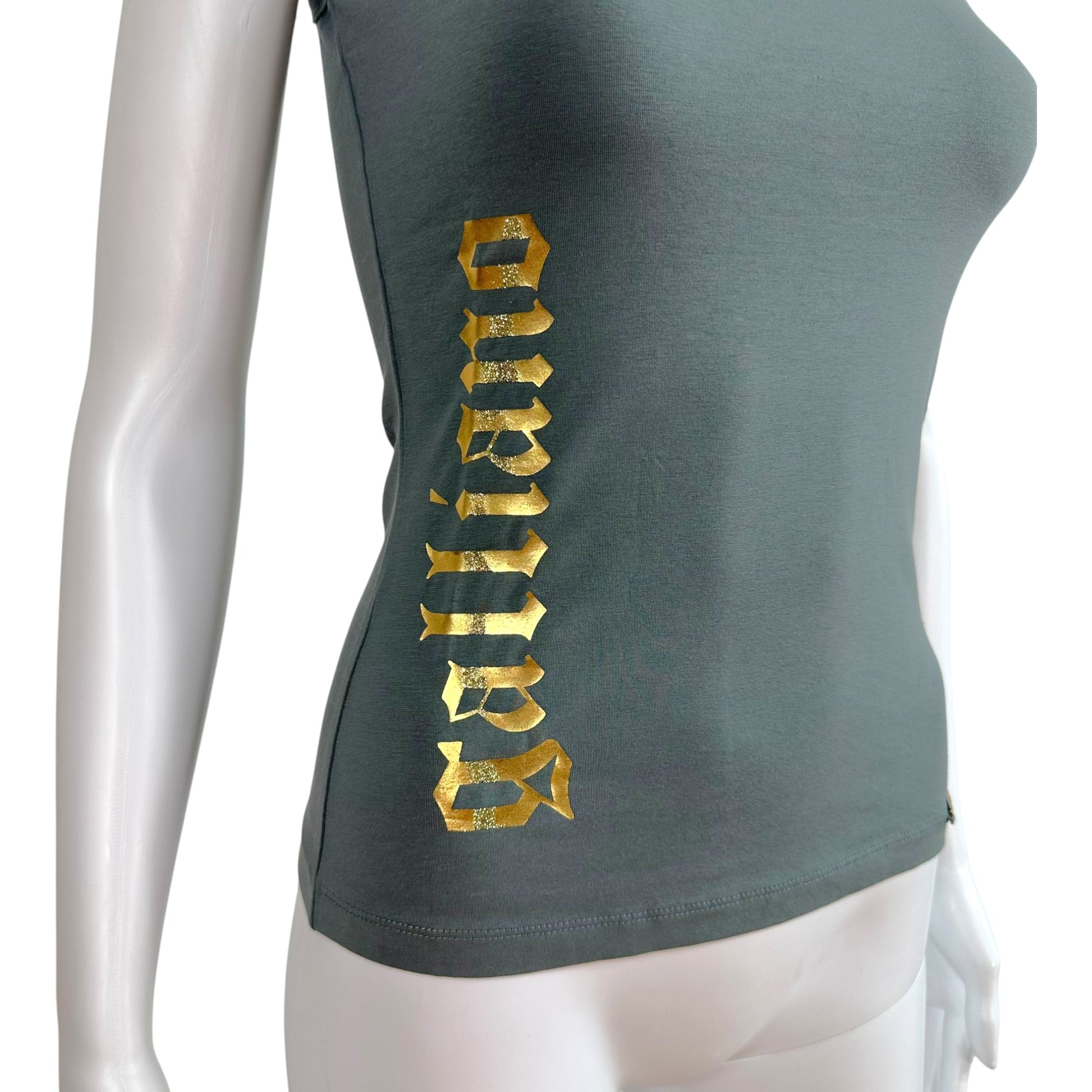 Galliano Gray Gold Glitter Logo Tank Top