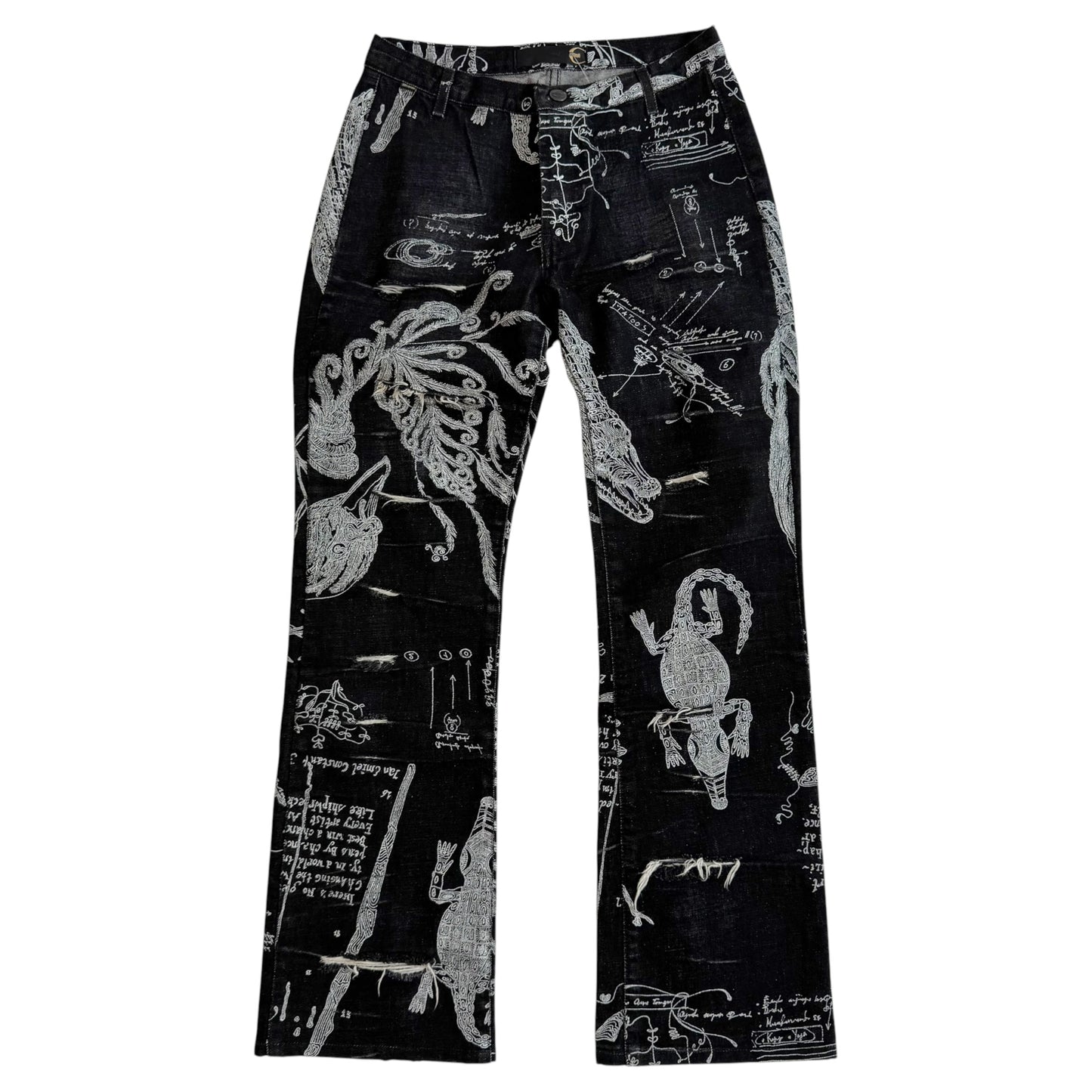 Roberto Cavalli Black White Illustration Distressed Jeans