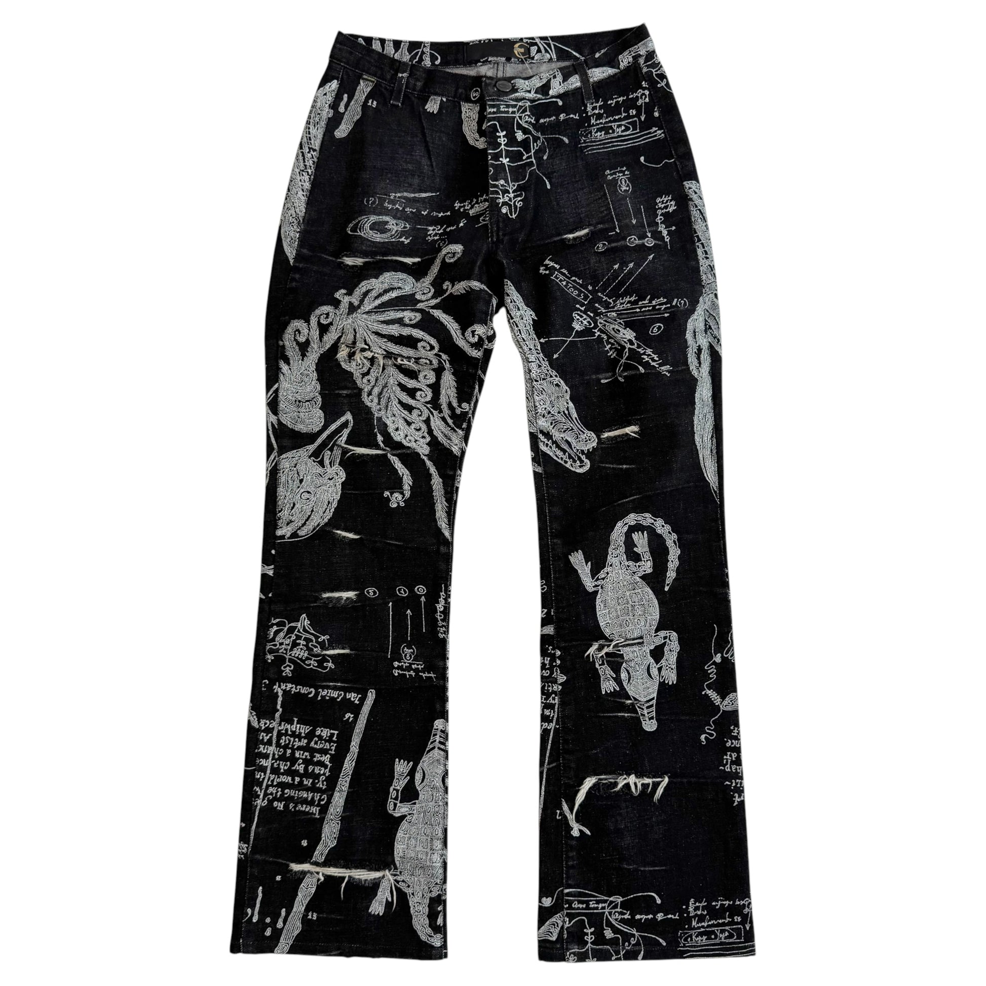 Roberto Cavalli Black White Illustration Distressed Jeans