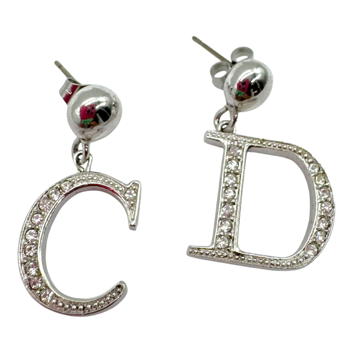 Christian Dior Silver Rhinestone Logo Dangly Stud Earrings