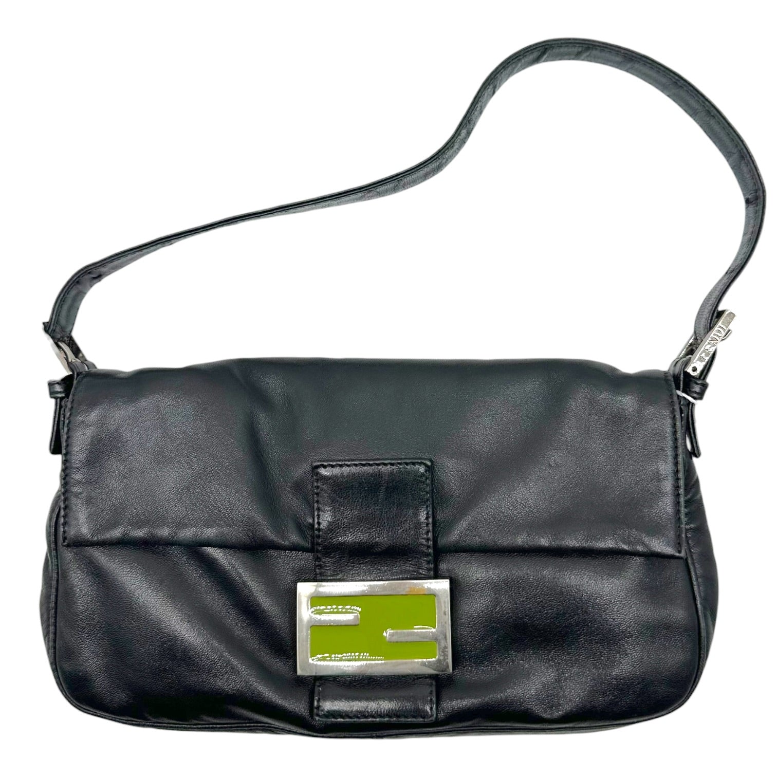 Fendi Black Lambskin Baguette Shoulder Bag with Green Buckle
