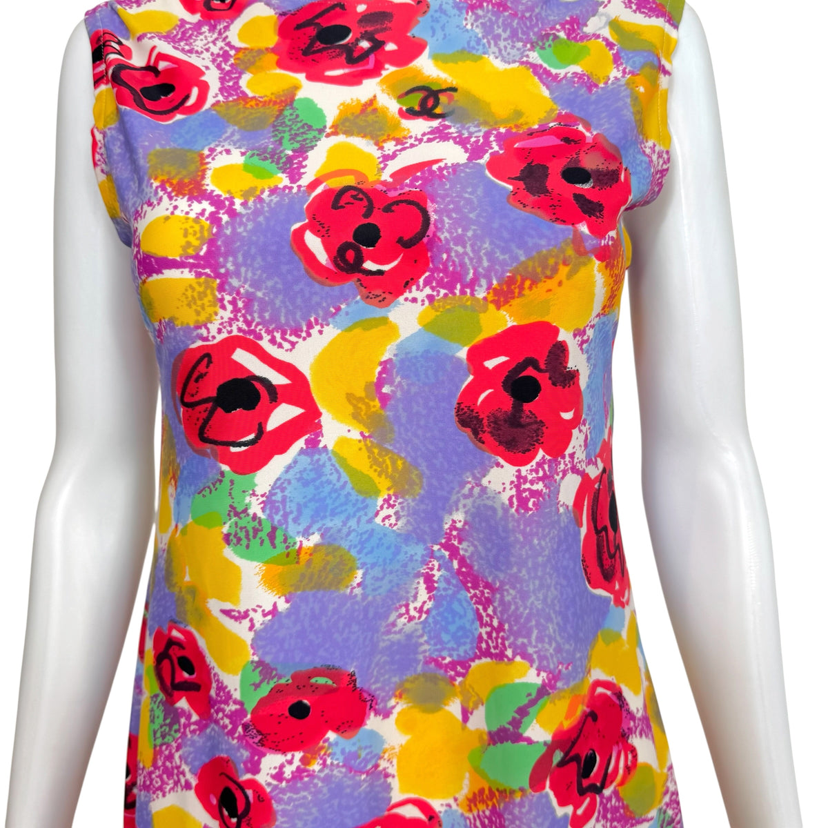 Chanel A-Line Mini Dress Multicolor Camellia Print 1990s
