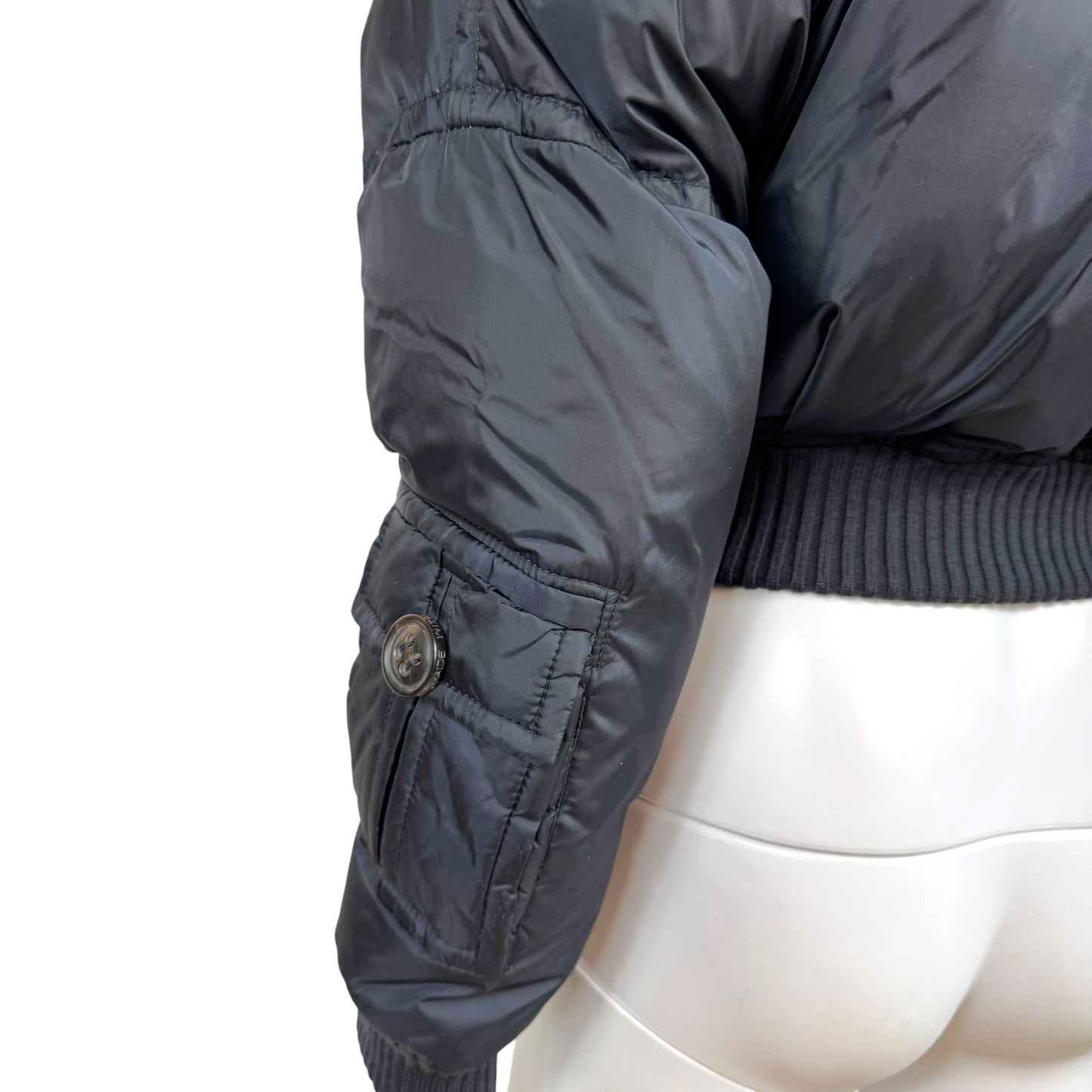 Dsquared2 Navy Blue Down Fill Fox Fur Trim Hood Cropped Bomber Puffer Coat