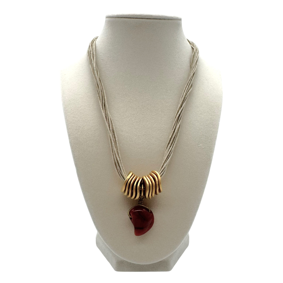 Paco Rabbane Gold Metal & Red Stone Charm Cord Necklace