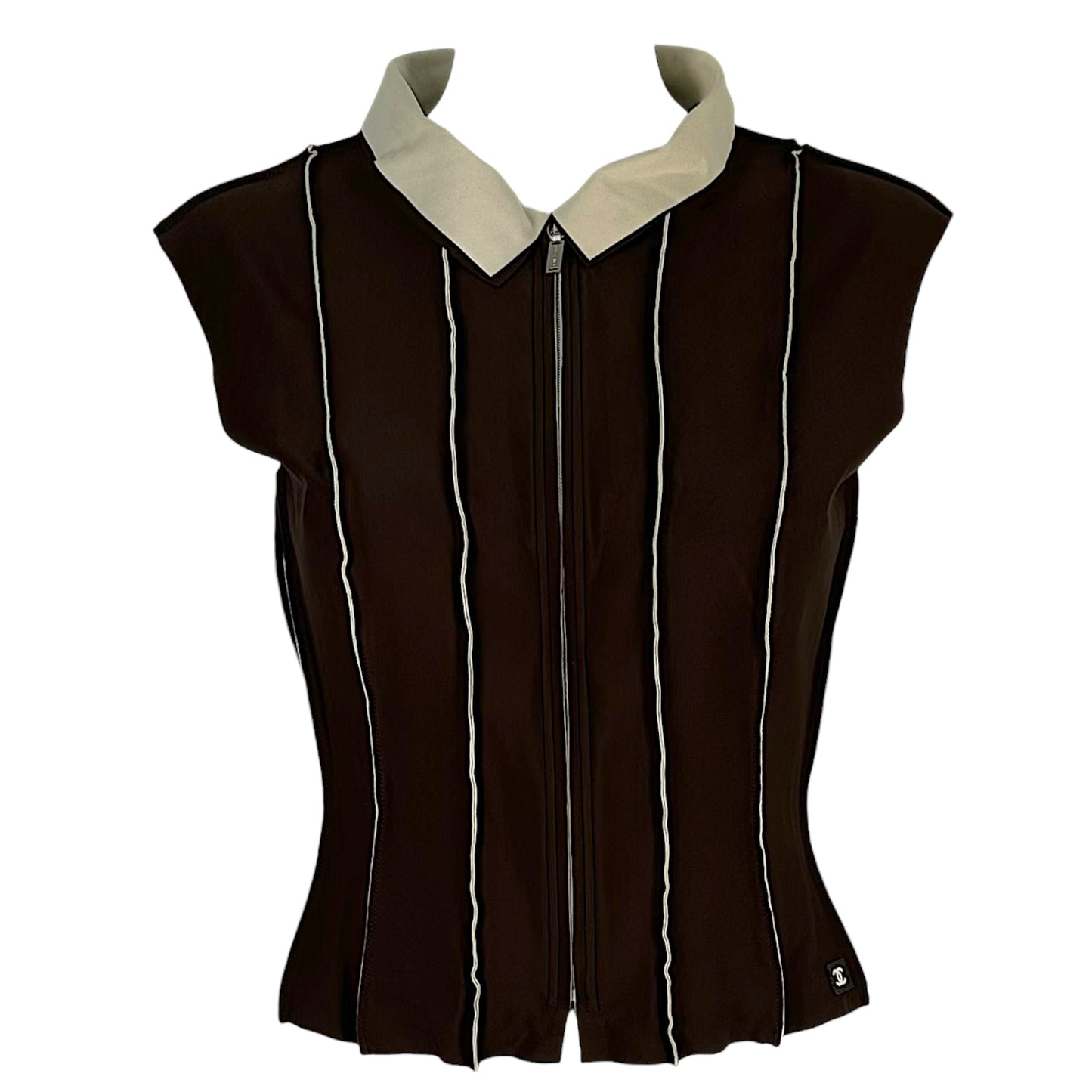 Chanel Spring 1999 Brown Paneled Spandex Zip Up Cropped Top NEW