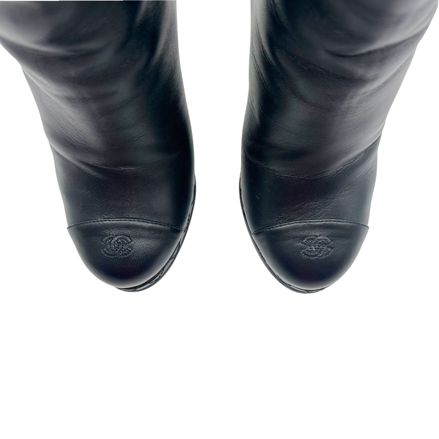 Chanel Black Leather CC Logo Toe Platform Heeled Boots
